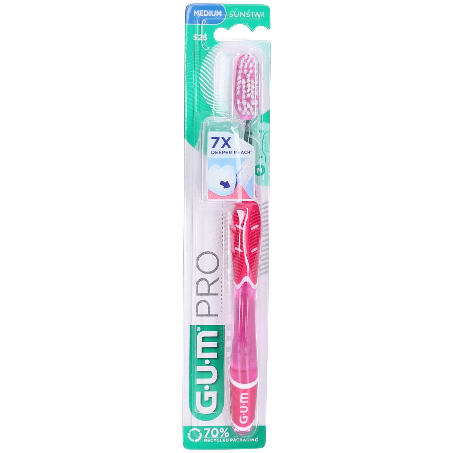 Zahnbürste GUM Pro Regular Medium in Verpackung. Rosa Griff, weißer Bürstenkopf mit rosa Borsten. Verpackung mit Produktinformationen.