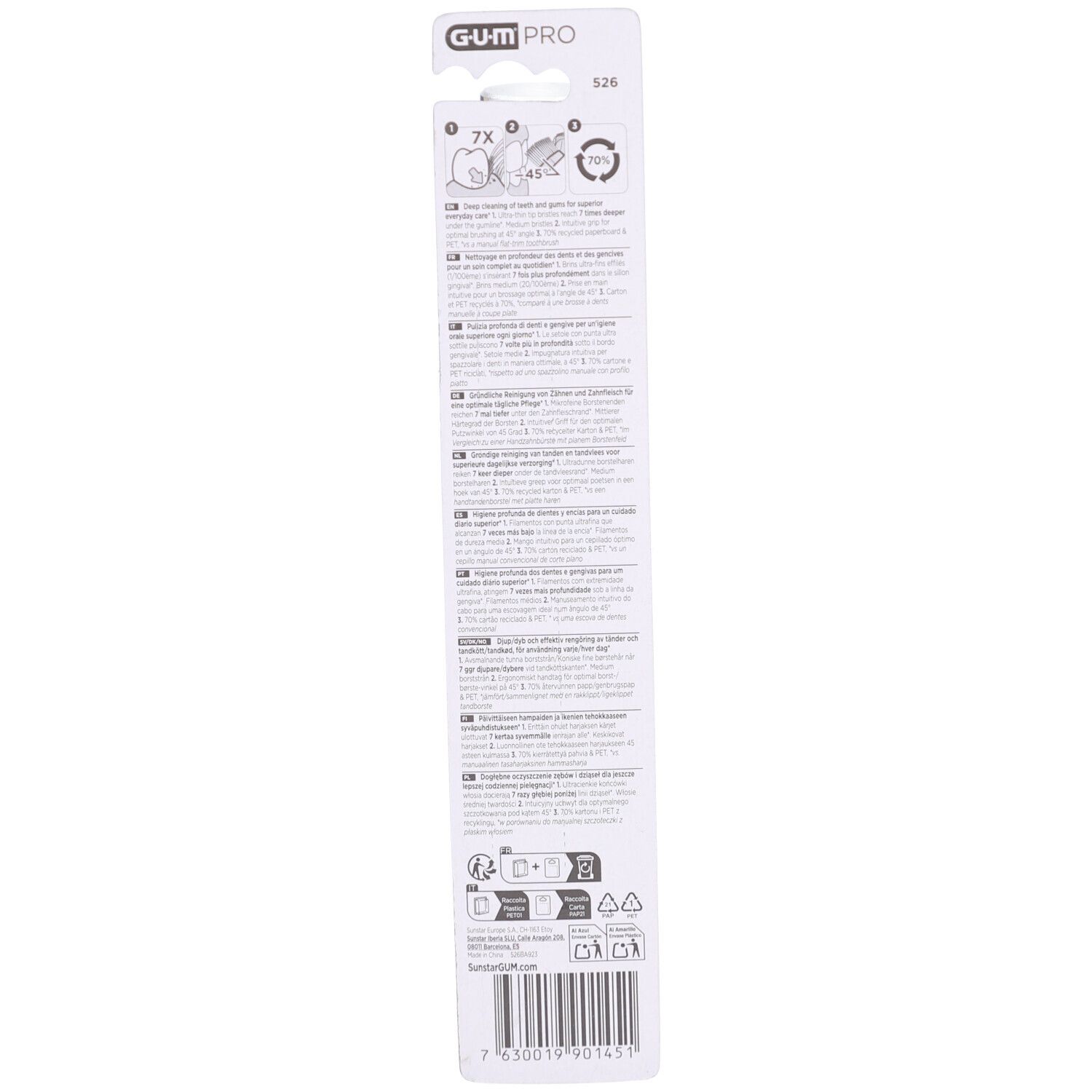 Rückseite der Verpackung der Zahnbürste GUM Pro Regular Medium. Text in verschiedenen Sprachen, Produktinformationen und Logos.
