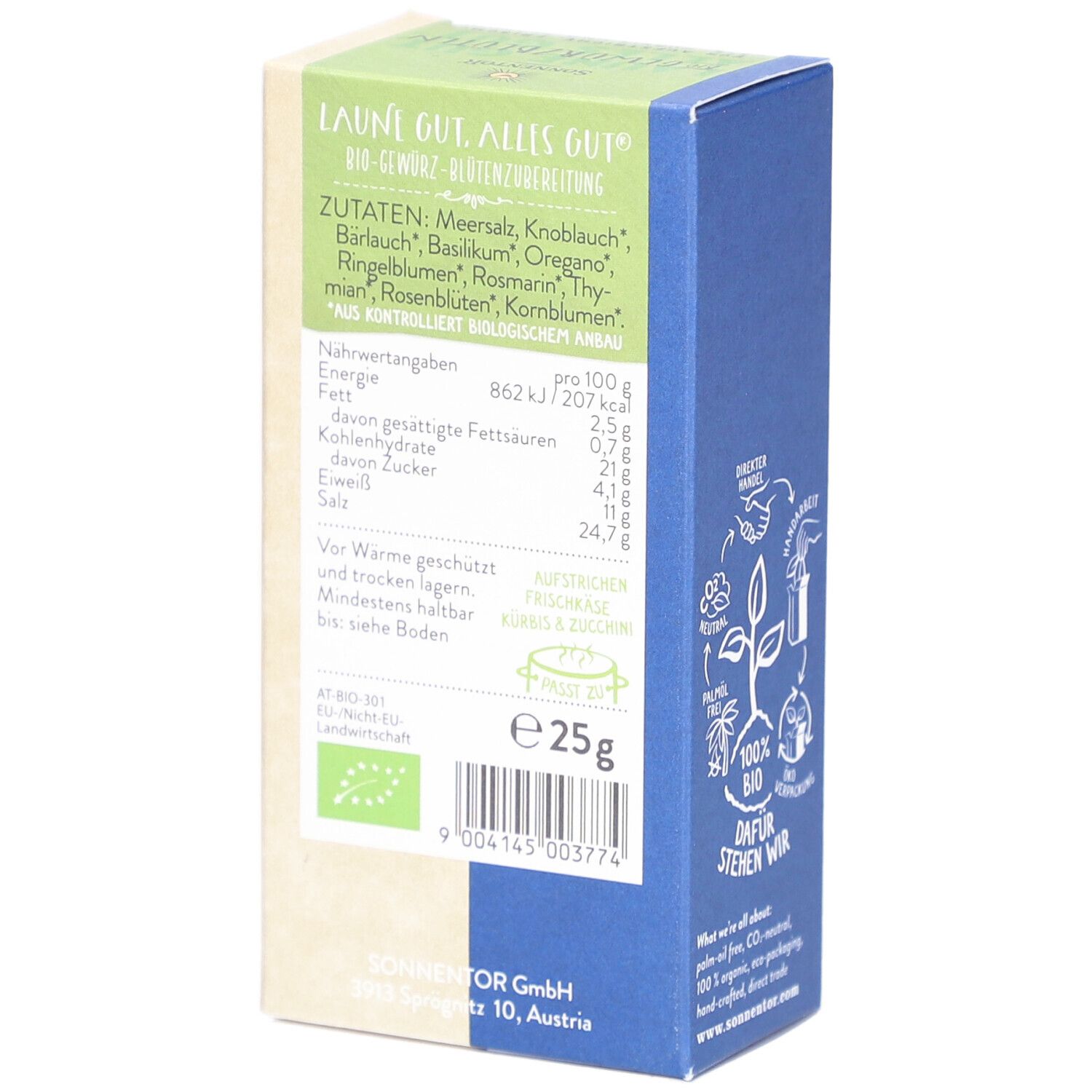 Emballage avec liste d'ingrédients et valeurs nutritionnelles. Inscription : Laune gut, alles gut. Label bio. Contenu : 25g.