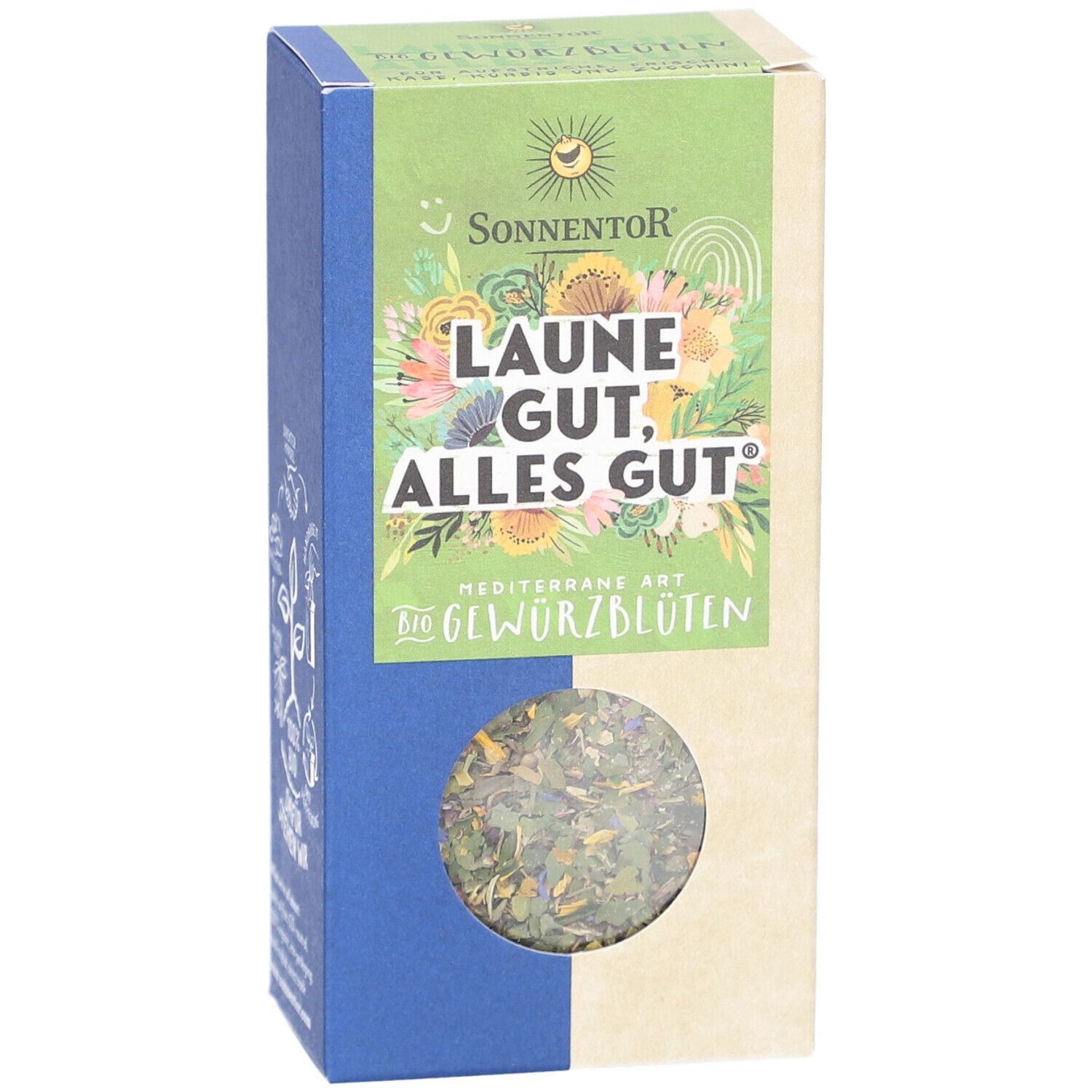 Boîte de fleurs d'épices avec fenêtre. Inscription : Laune gut, alles gut. Logo Sonnentor visible.