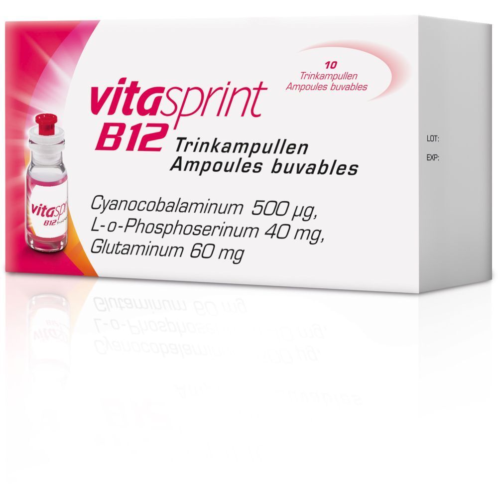 Boîte de Vitasprint B12 ampoules buvables. Contient 10 ampoules. Ingrédients: Cyanocobalamine, L-o-Phosphosérine, Glutamine.