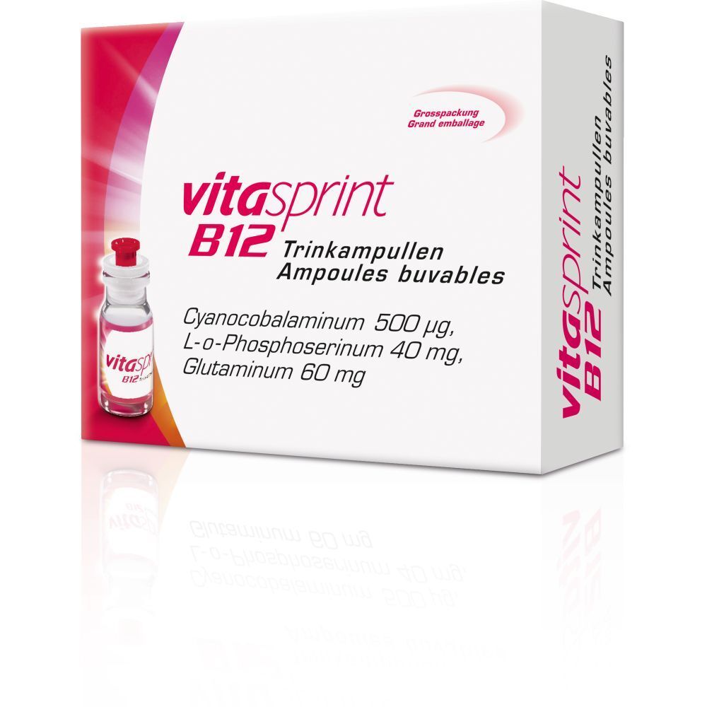 Verpackung von Vitasprint B12 Trinkampullen. Enthält Cyanocobalaminum, L-o-Phosphoserinum und Glutaminum. Großpackung.