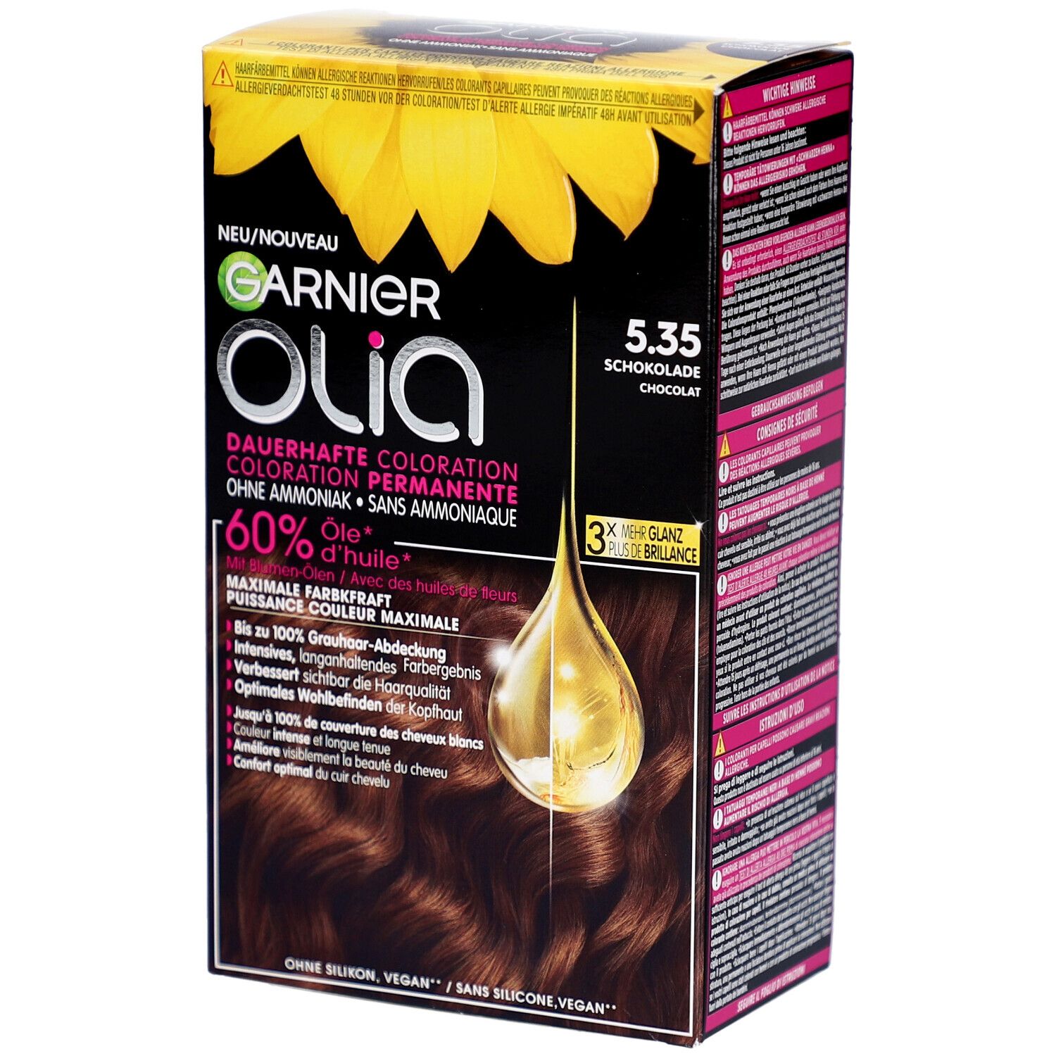 Garnier Olia coloration permanente 5.35 chocolat. Boîte avec image du produit et texte. Contient 60% d'huile. Sans silicone, vegan.