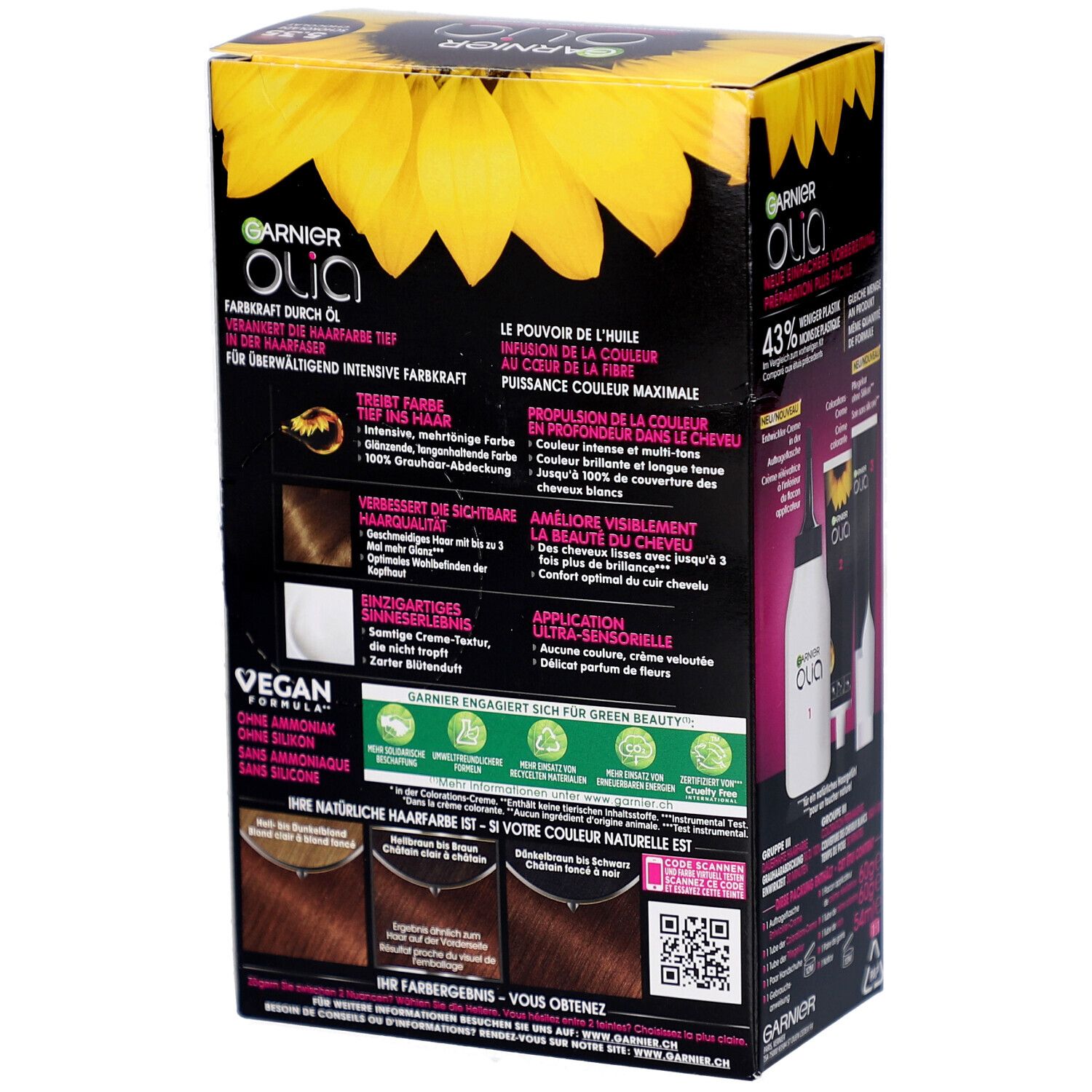 Dos de l'emballage Garnier Olia coloration. Texte en allemand et français. Contient des informations sur l'utilisation et les ingrédients.