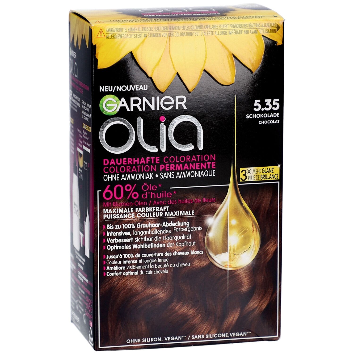 Garnier Olia coloration permanente 5.35 chocolat. Boîte avec image du produit et texte. Contient 60% d'huile. Sans silicone, vegan.