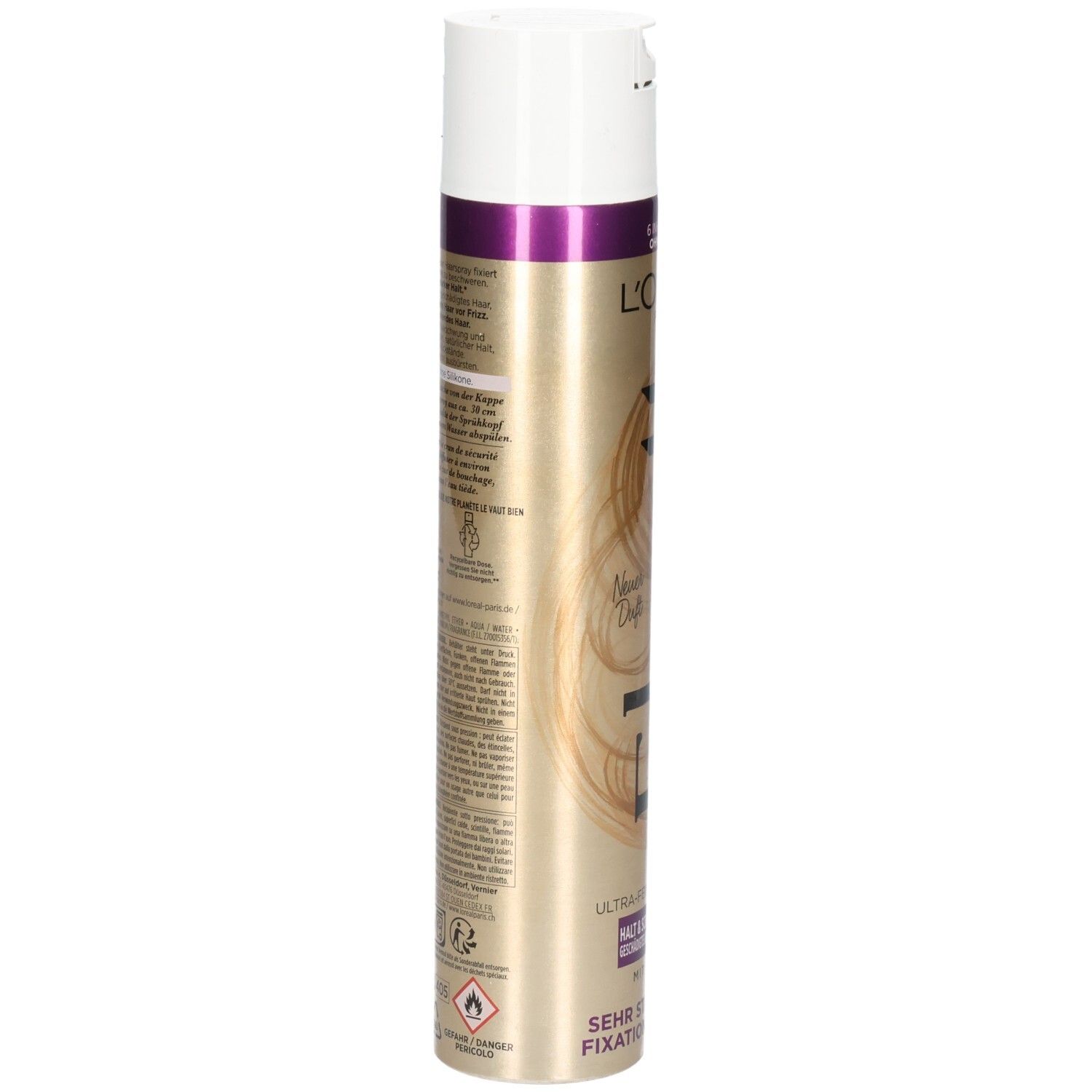 Rückseite L'Oréal Elnett Haarspray mit starkem Halt, Glanz und Keramik.