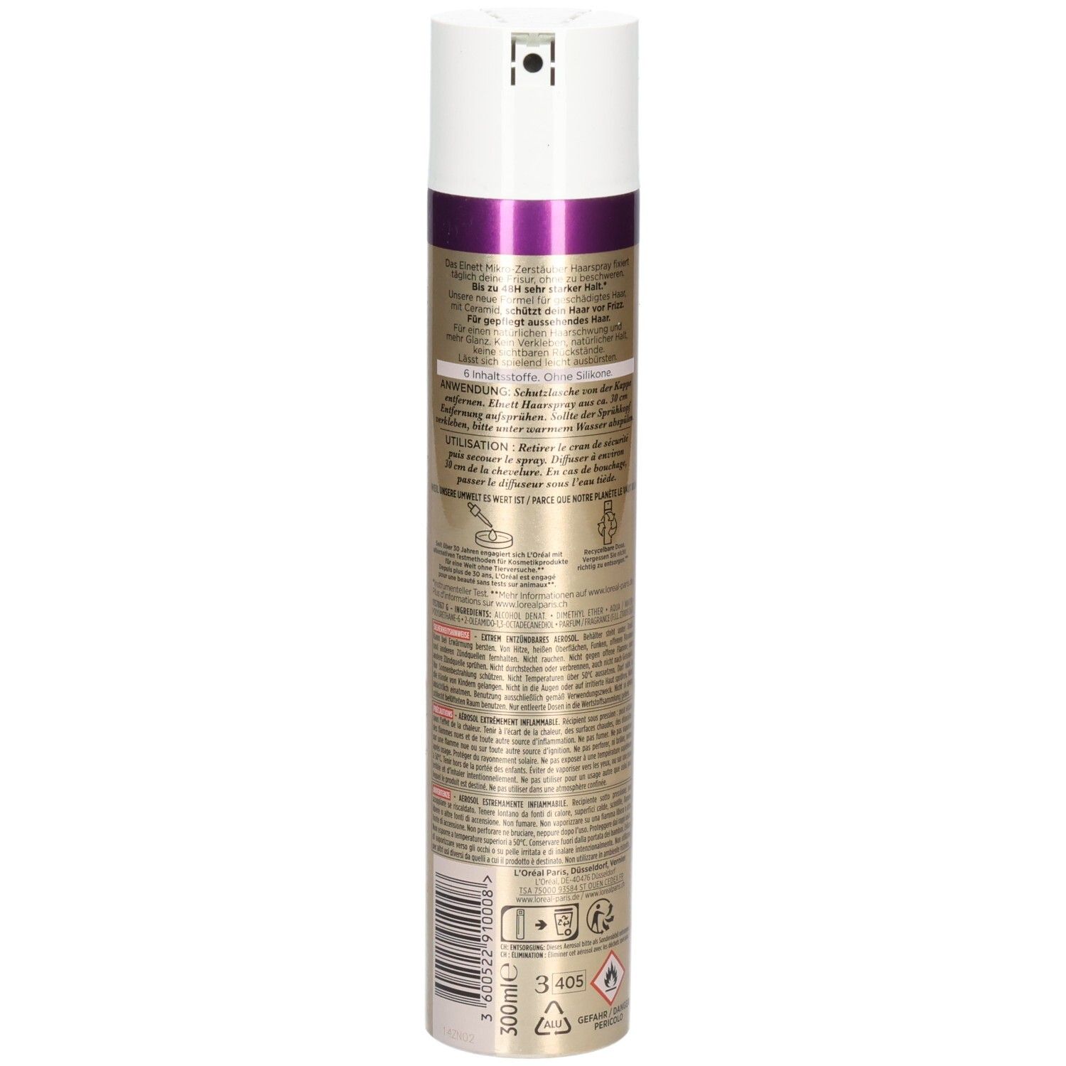 Rückseite L'Oréal Elnett Haarspray mit starkem Halt, Glanz und Keramik.