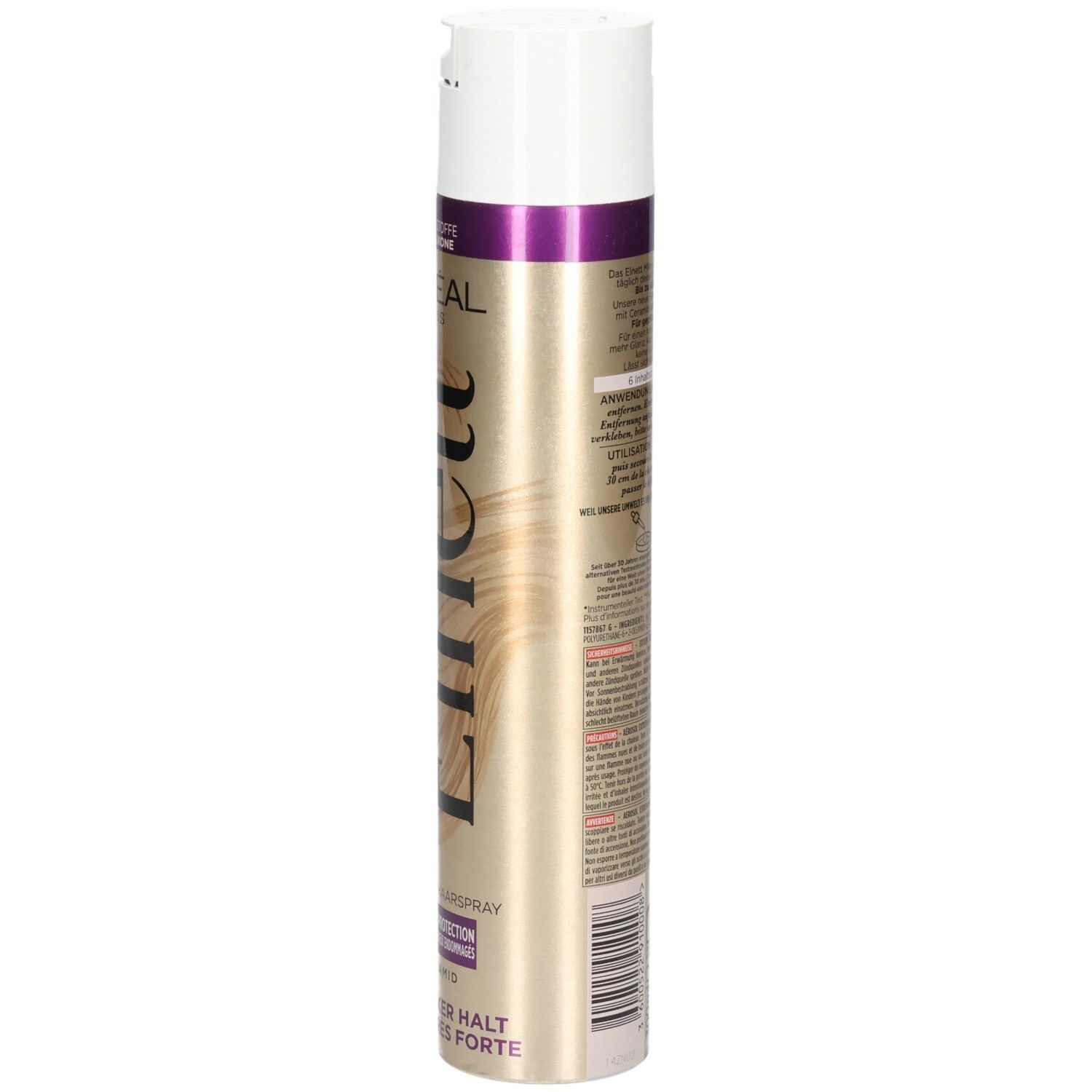 Rückseite L'Oréal Elnett Haarspray mit starkem Halt, Glanz und Keramik.