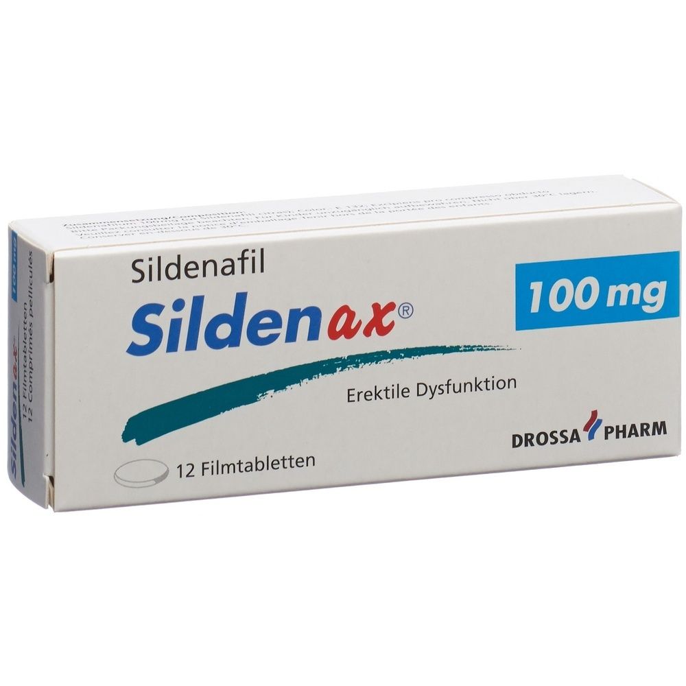 Kartonpackung mit der Aufschrift "Sildenax 100mg". Blaue und weiße Farbgebung. Rechteckige Form. Enthält 12 Tabletten.