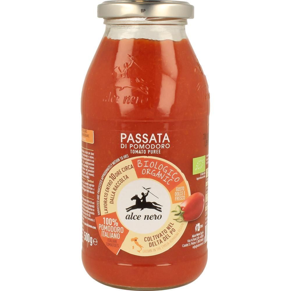 Glasflasche mit Tomatenpüree. Aufschrift: Passata di Pomodoro, Tomatenpüree. Bio-Siegel. Marke: Alce Nero.