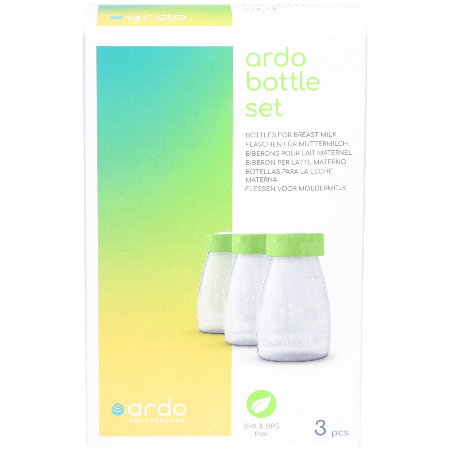 Verpackung mit drei Flaschen. Aufschrift: ardo bottle set. Flaschen für Muttermilch. BPA & BPS frei.
