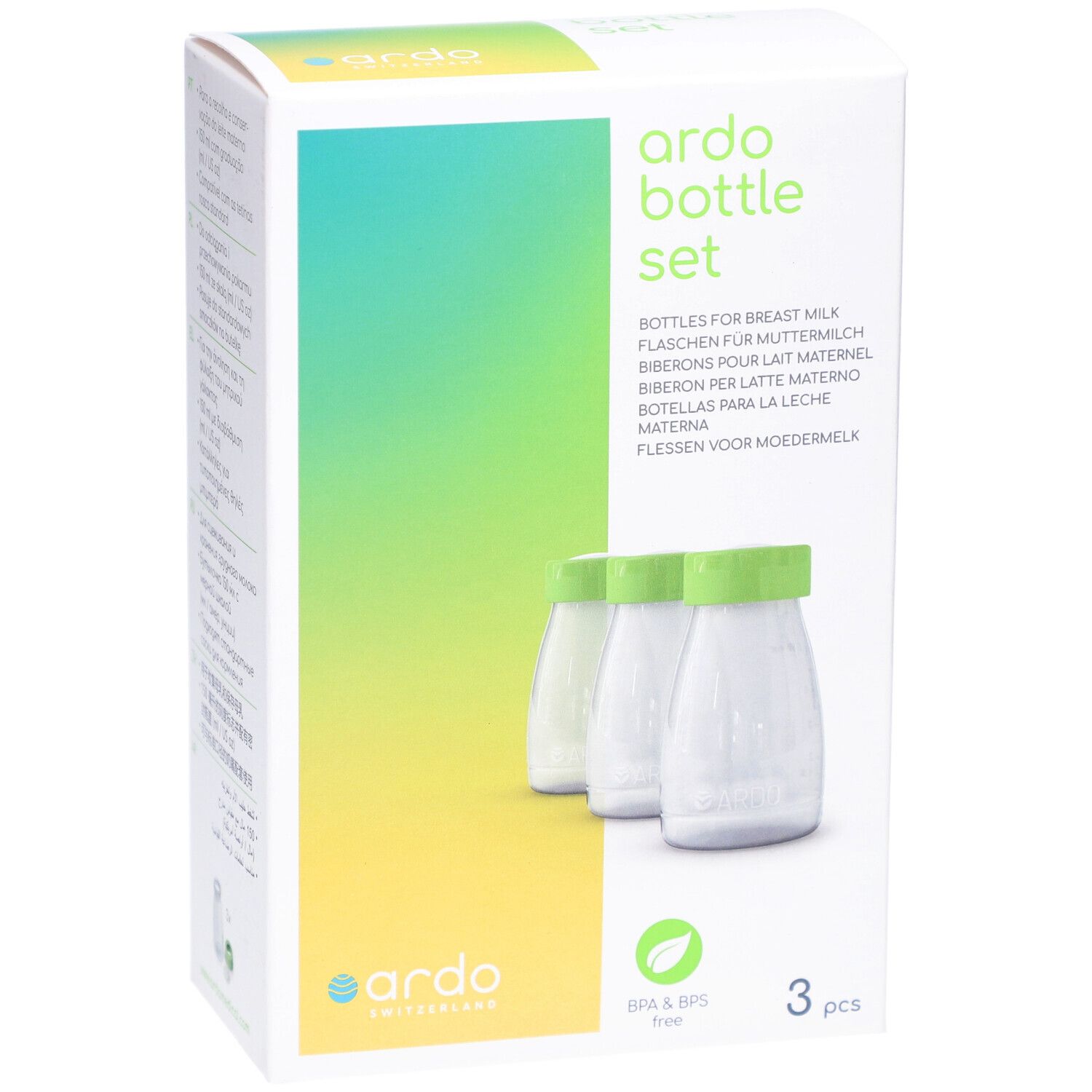 Verpackung mit drei Flaschen. Aufschrift: ardo bottle set. Flaschen für Muttermilch. BPA & BPS frei.