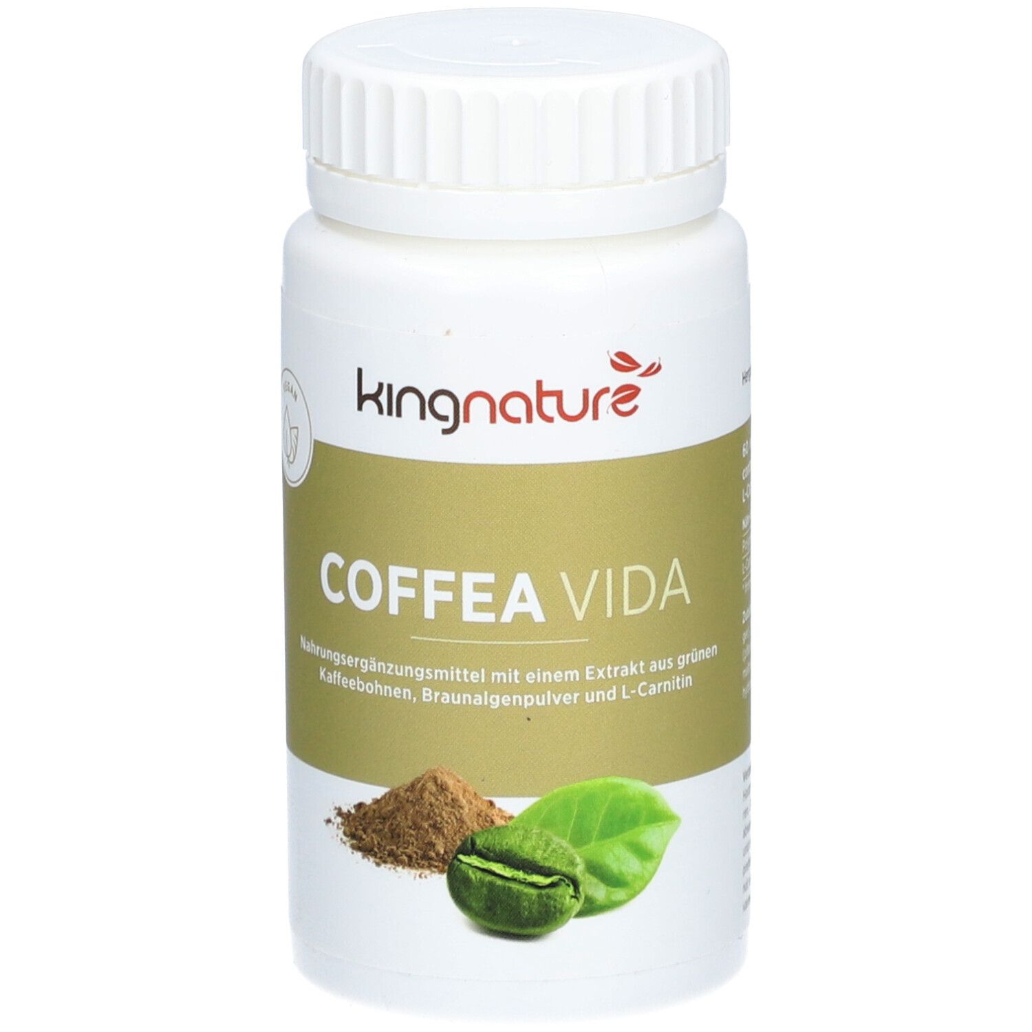 Flacon blanc avec couvercle. Inscription: KINGNATURE COFFEA VIDA. Illustration de grains de café, feuilles et poudre.