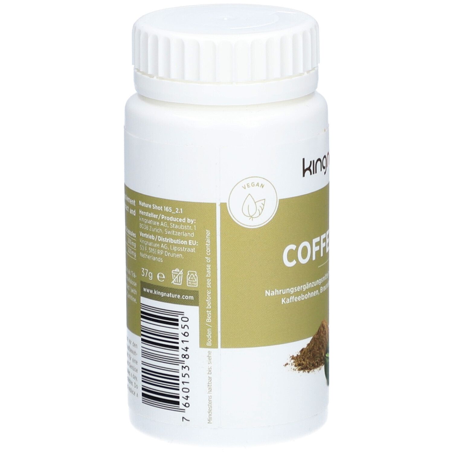 Flacon blanc avec couvercle. Inscription: COFFEA VIDA. Sceau végétalien. Code-barres et informations au dos.