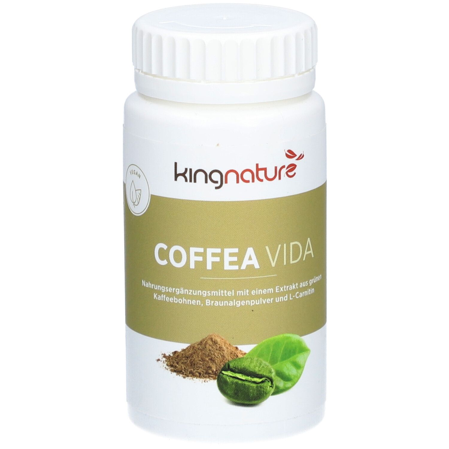 Flacon blanc avec couvercle. Inscription: KINGNATURE COFFEA VIDA. Illustration de grains de café, feuilles et poudre.