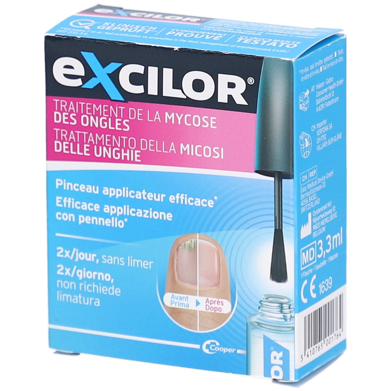 Schachtel mit Excilor-Nagelpilzbehandlung. Enthält Applikatorpinsel und Abbildung eines Nagels. Text: Behandlung der Nagelmykose.