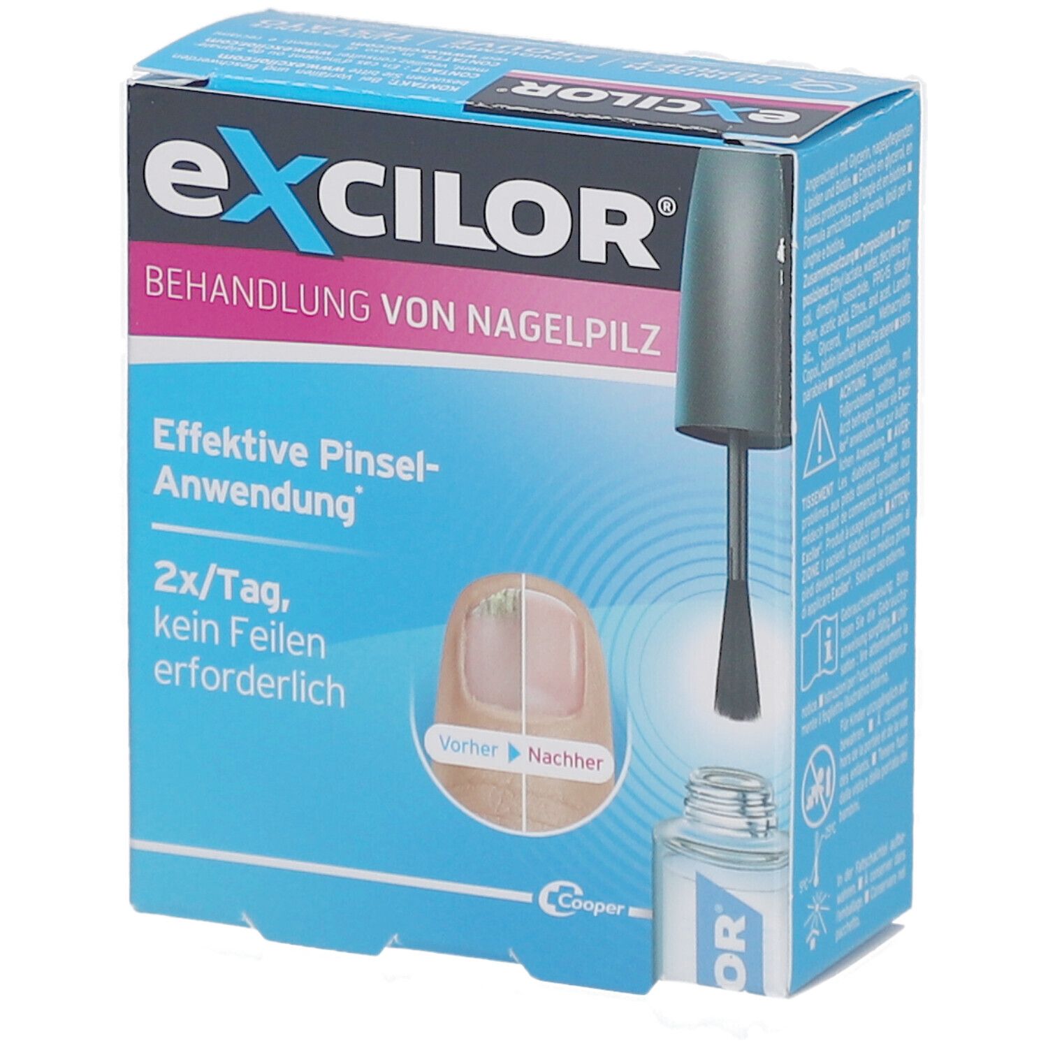 Excilor-Schachtel mit Text: Behandlung von Nagelpilz. Enthält Applikatorpinsel und Nagelabbildung. Marke Excilor.