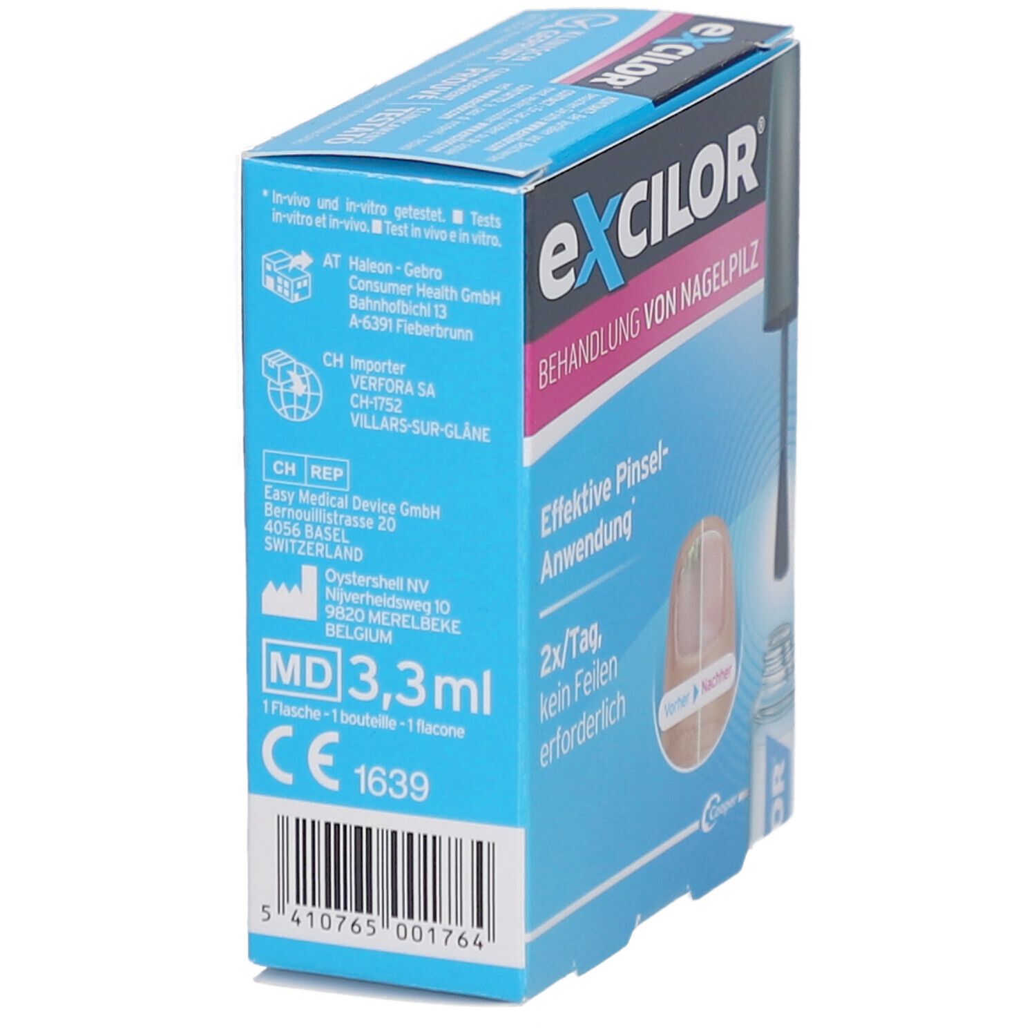 Excilor-Schachtel mit Text: Behandlung von Nagelpilz. Enthält Informationen zu Hersteller und Volumen (3,3 ml). Marke Excilor.