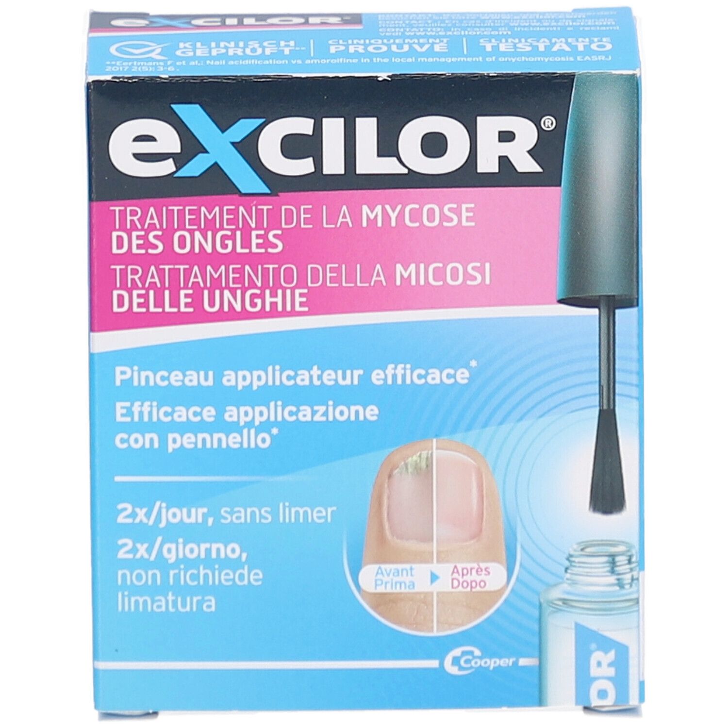 Excilor-Schachtel mit Text: Behandlung der Nagelmykose. Enthält Applikatorpinsel und Nagelabbildung. Marke Excilor.