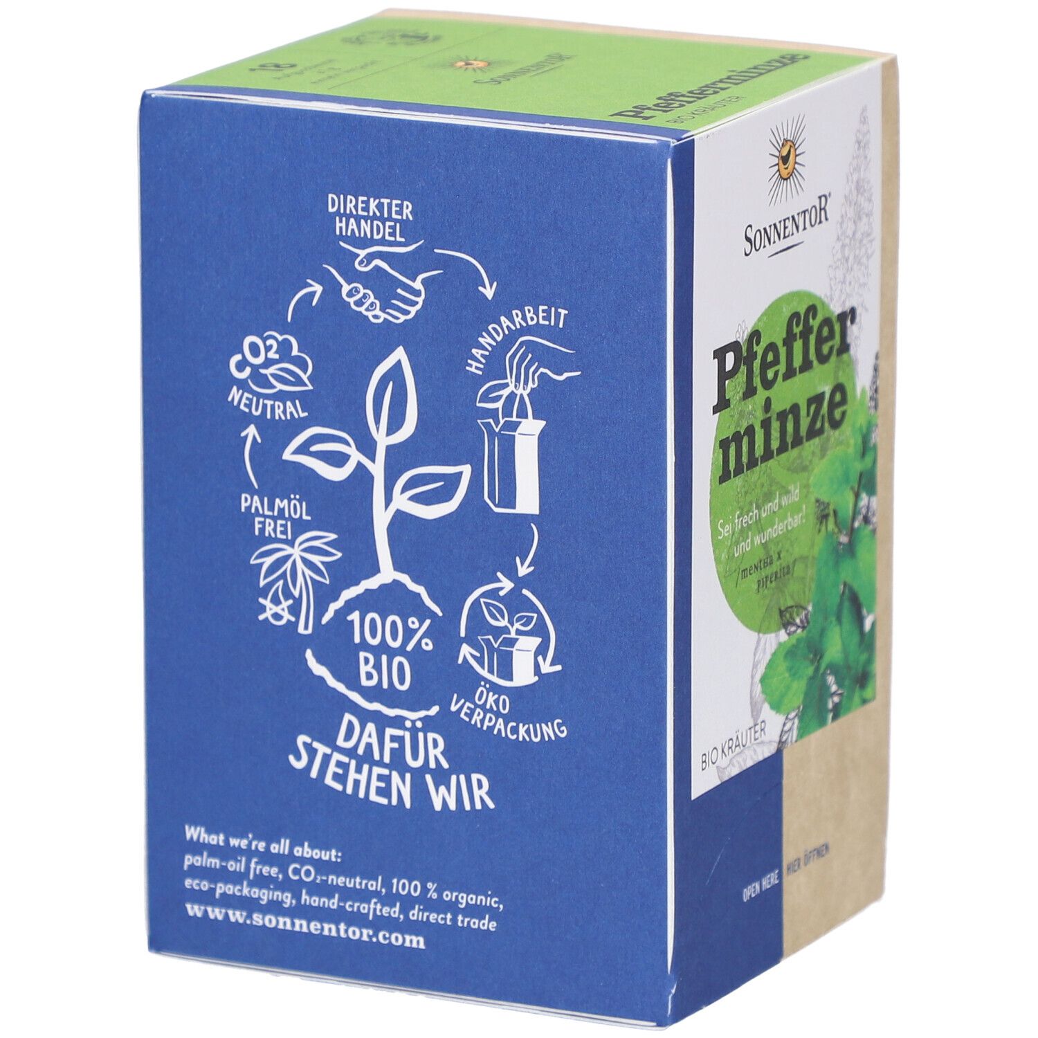 Blaue Seite der Verpackung mit Logos: CO2-neutral, Palmölfrei, 100% BIO, Öko-Verpackung. Text: "Dafür stehen wir".