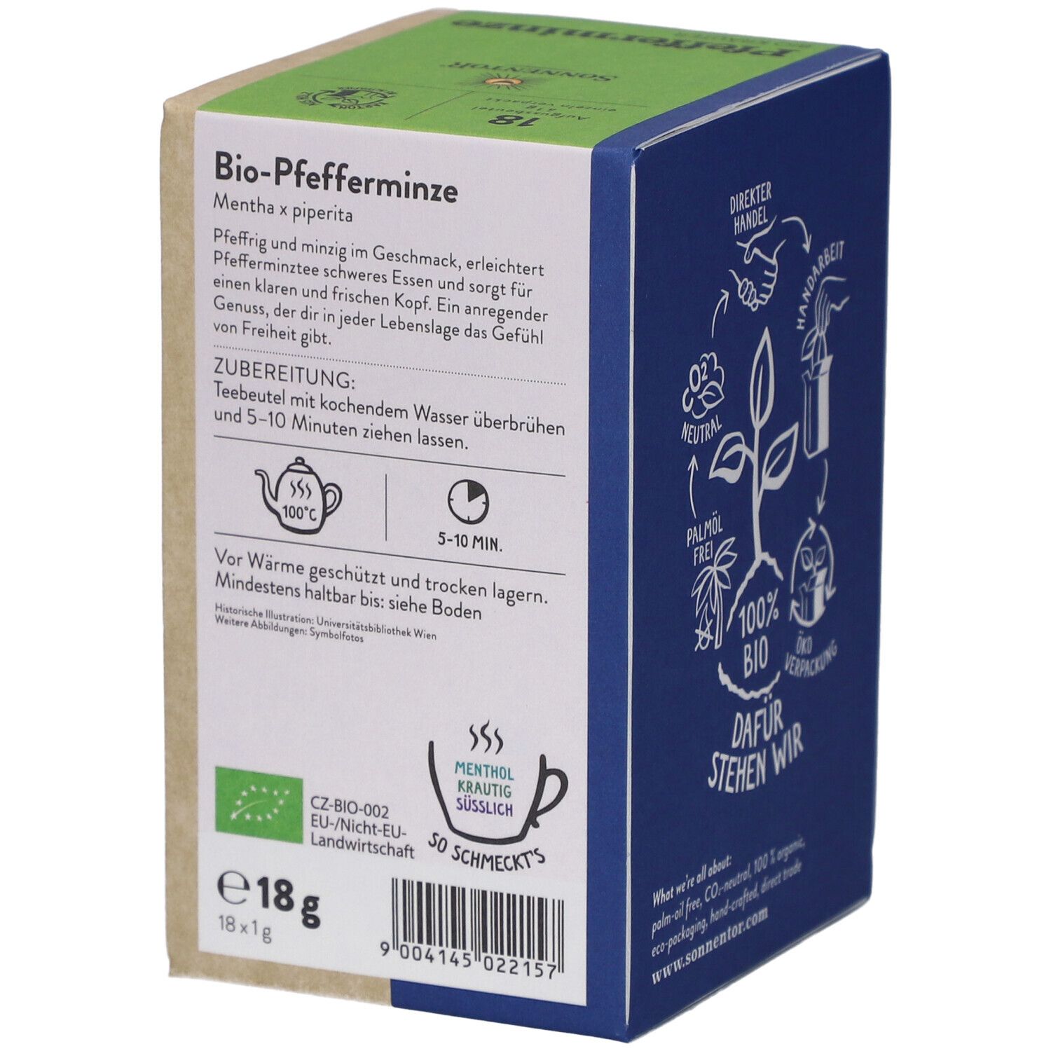 Rückseite der Verpackung mit Text und Zubereitungshinweisen. Logo: EU-Bio-Siegel. Inhalt: 18g. 18x1g.