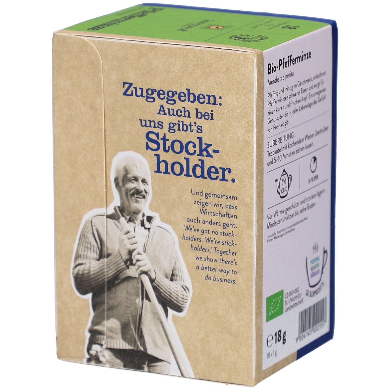 Seite der Verpackung mit Text und einem Mann. Logo: EU-Bio-Siegel. Text: "Zugegeben: Auch bei uns gibt's Stockholder."
