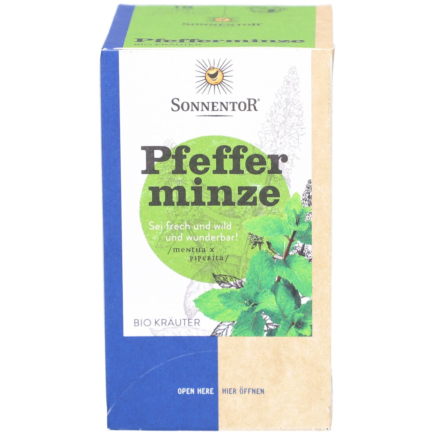 Karton mit "Pfefferminze" von SONNENTOR. Grün-weiße Schrift, grüne Blätter. BIO Kräuter. Aufschrift "Hier öffnen".
