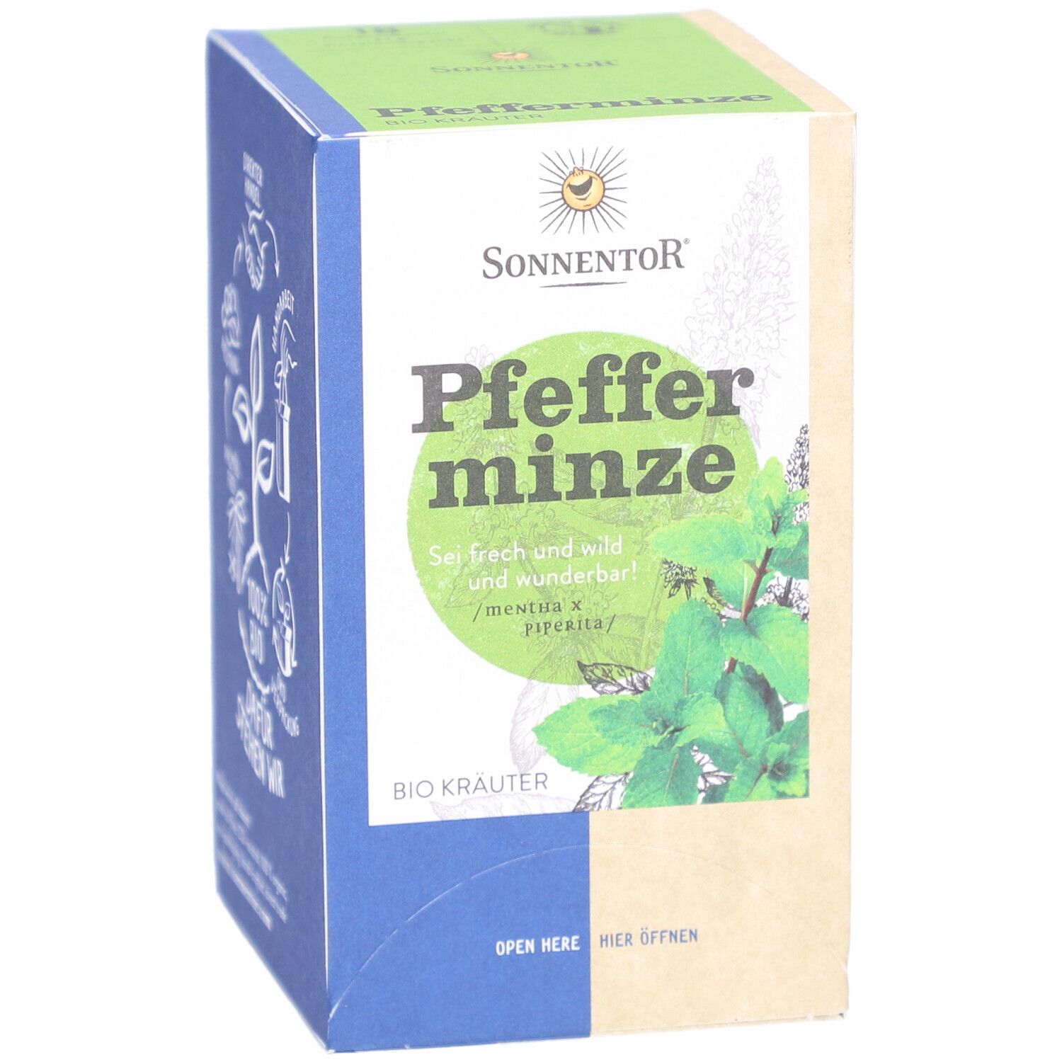 Karton mit "Pfefferminze" von SONNENTOR. Grün-weiße Schrift, grüne Blätter. BIO Kräuter. Aufschrift "Hier öffnen".