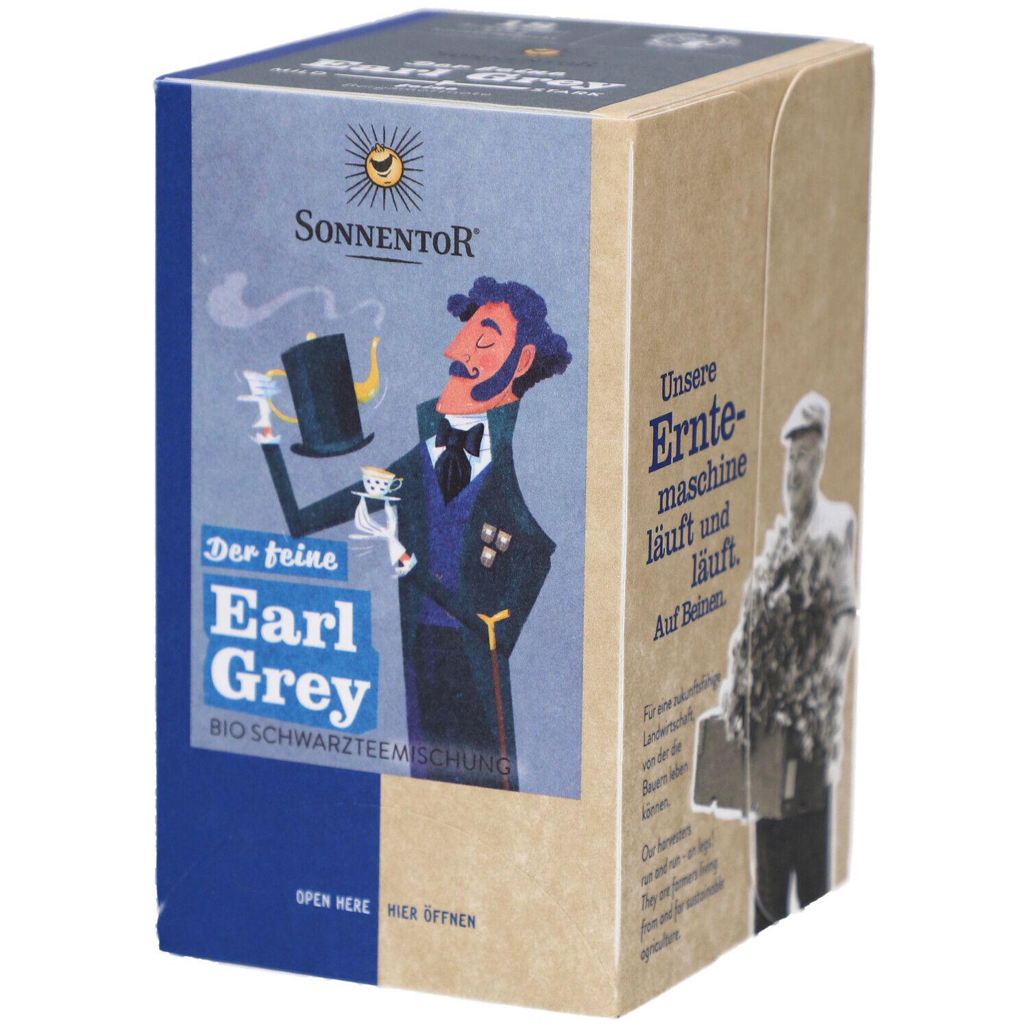 Kartonverpackung mit Earl Grey Tee. Aufdruck: Illustration eines Mannes mit Hut und Tasse. Logo: SONNENTOR. Text: BIO.