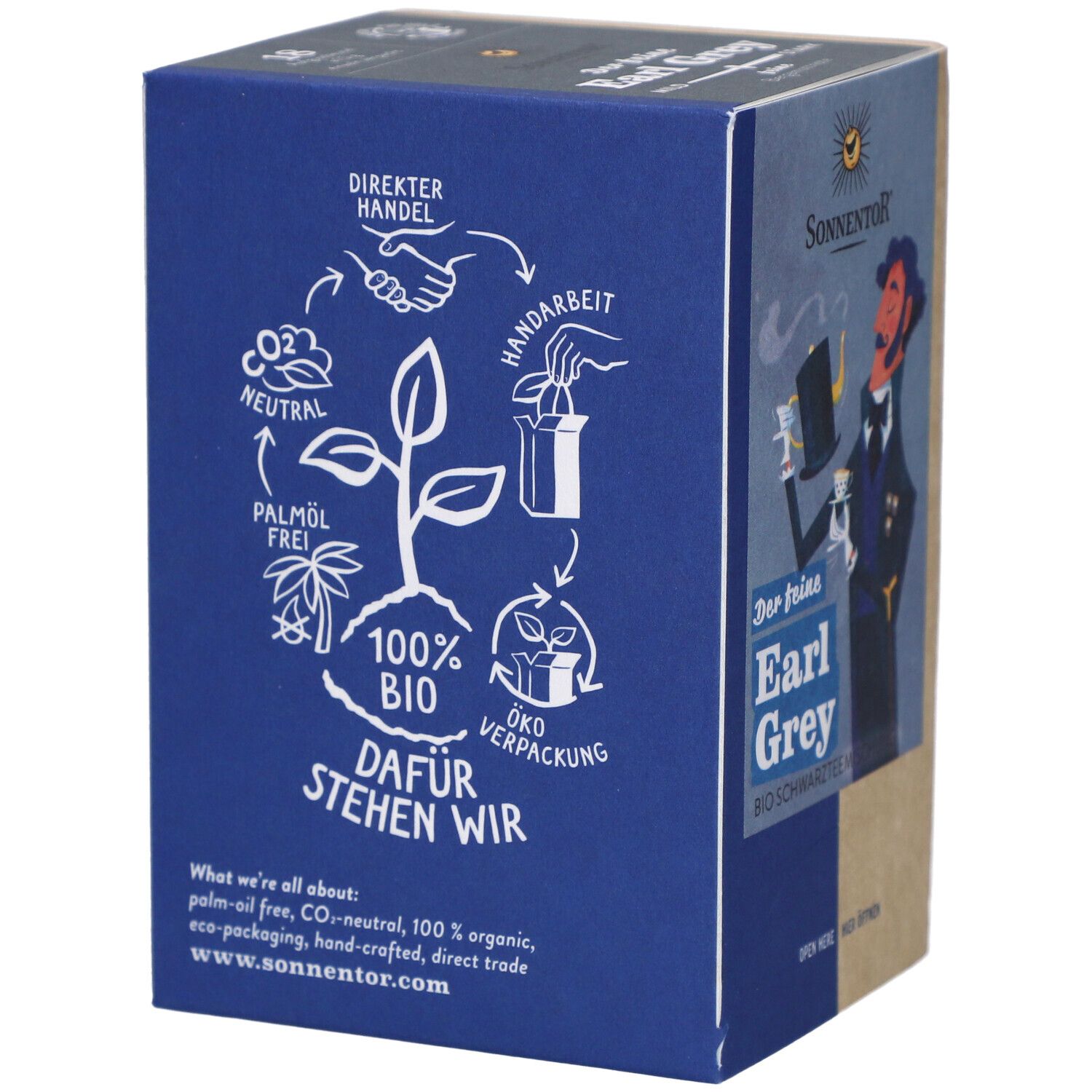 Blaue Seite der Teeverpackung. Illustration mit Texten: 100% BIO, Palmöl frei, CO2 neutral. Logo SONNENTOR. Text: www.sonnentor.com.