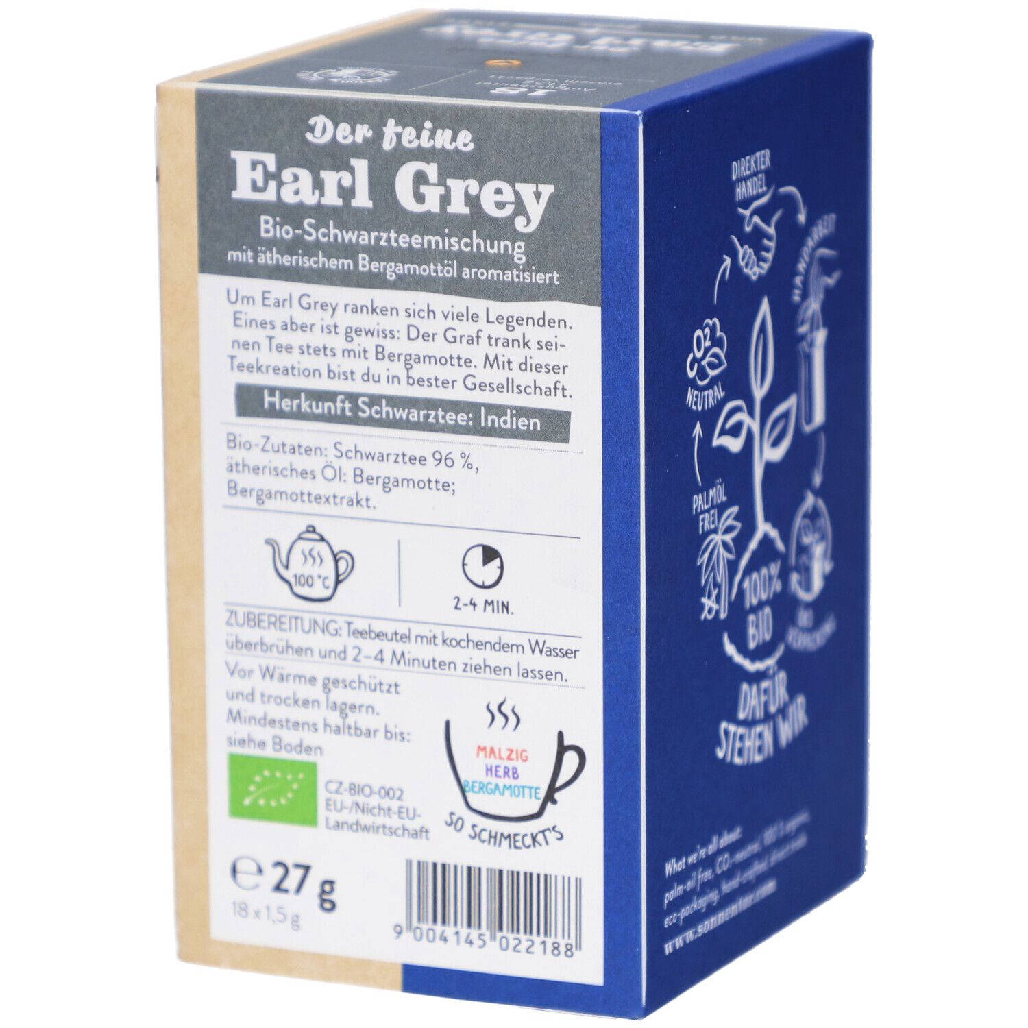 Teeverpackung mit Texten: Earl Grey, BIO-Schwarzteemischung. Zutaten, Zubereitungshinweis. Logo: BIO-Siegel. Inhalt: 27g, 18x1.5g.