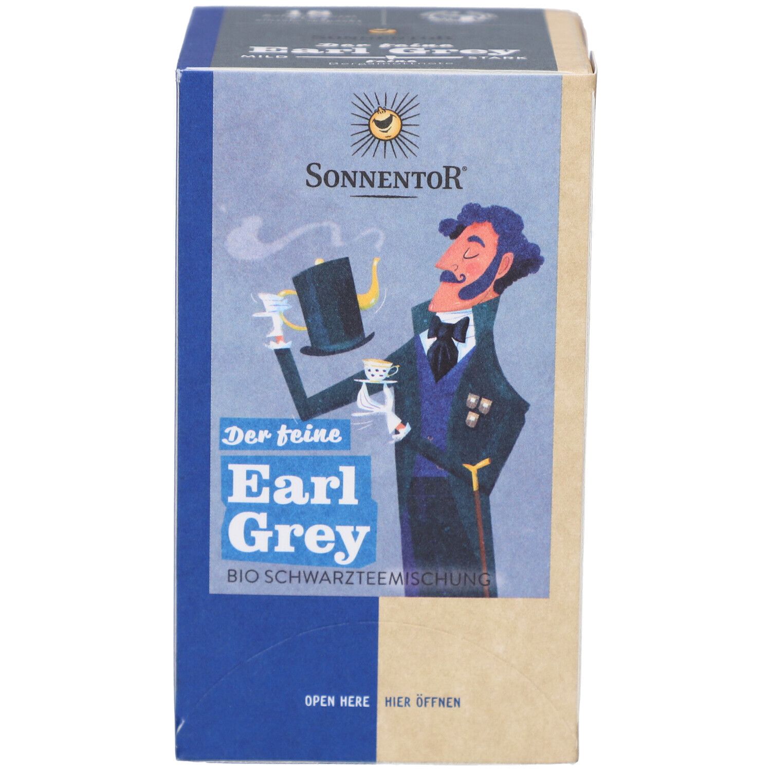 Kartonverpackung mit Earl Grey Tee. Illustration eines Mannes mit Hut und Tasse. Logo: SONNENTOR. Text: BIO-Schwarzteemischung.