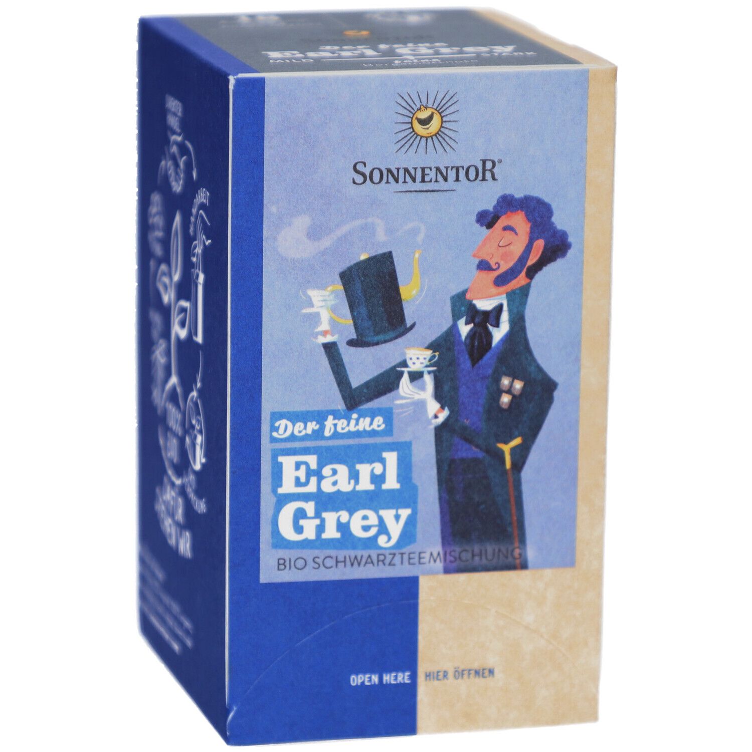 Teeverpackung mit Earl Grey Tee. Illustration eines Mannes mit Hut und Tasse. Logo: SONNENTOR. Text: BIO-Schwarzteemischung.