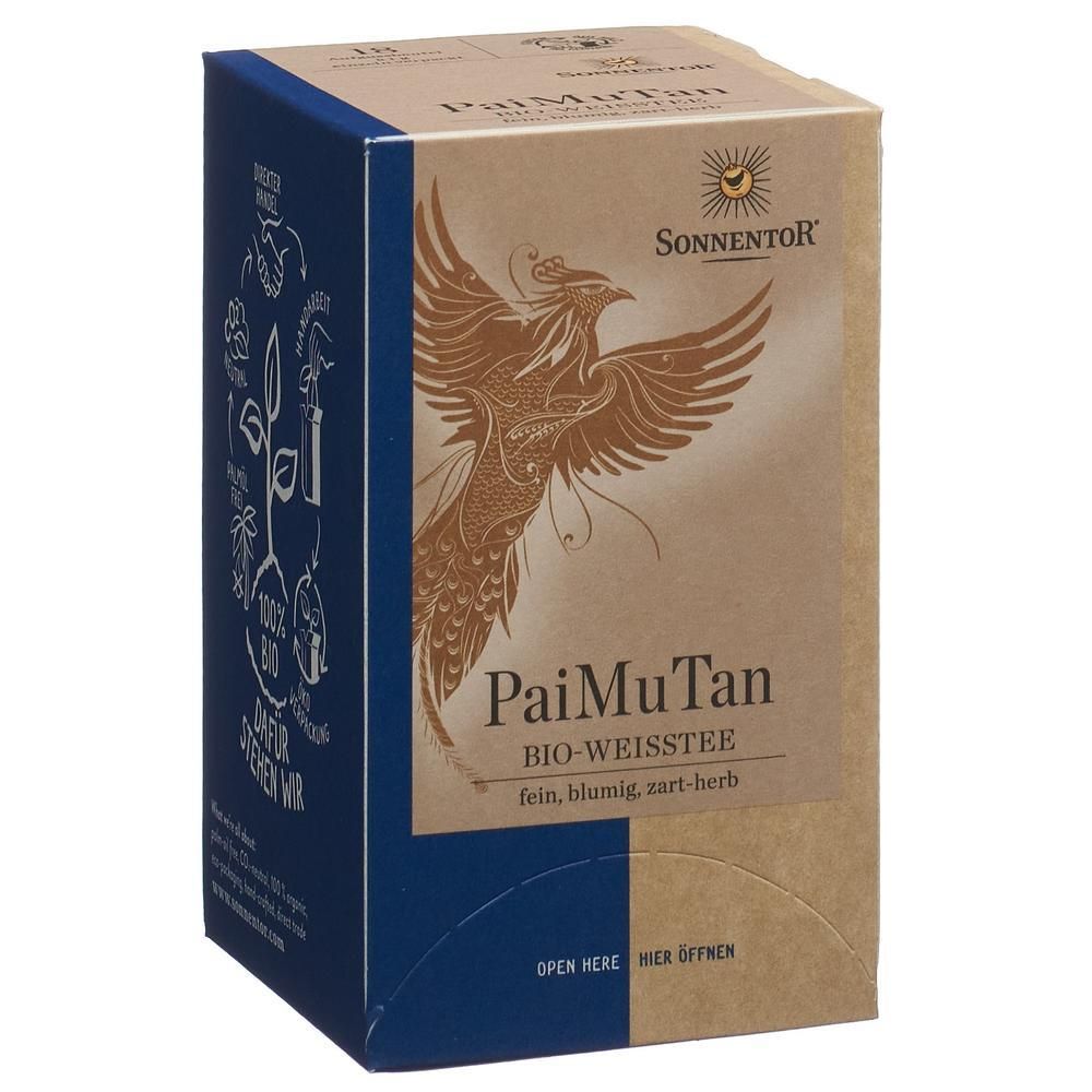 SONNENTOR Pai Mu Tan BIO-Tee Schachtel mit Phönix-Motiv und Kräutern.