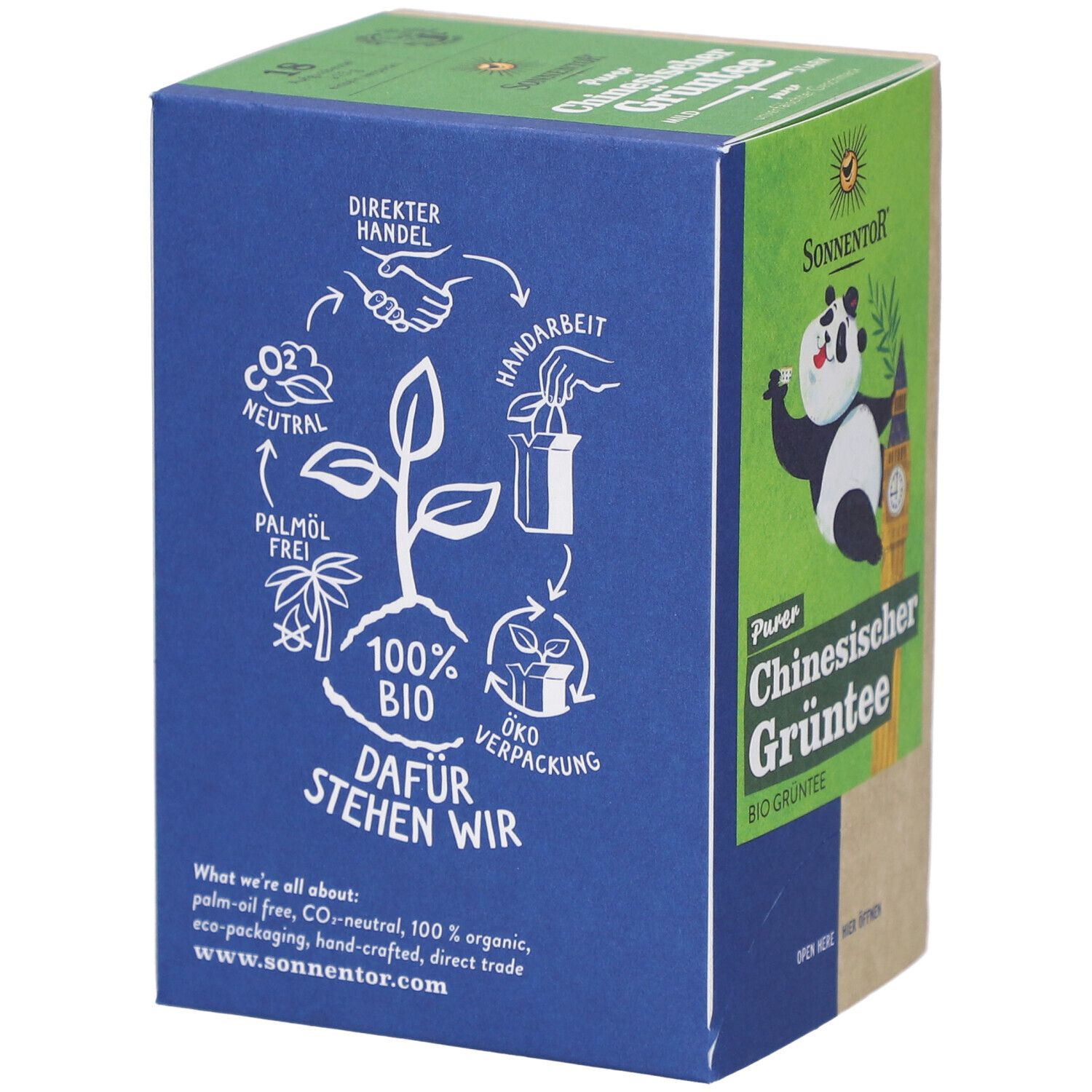 Boîte de thé vert chinois SONNENTOR. Dos avec illustrations et texte. Vert, bleu et marron.