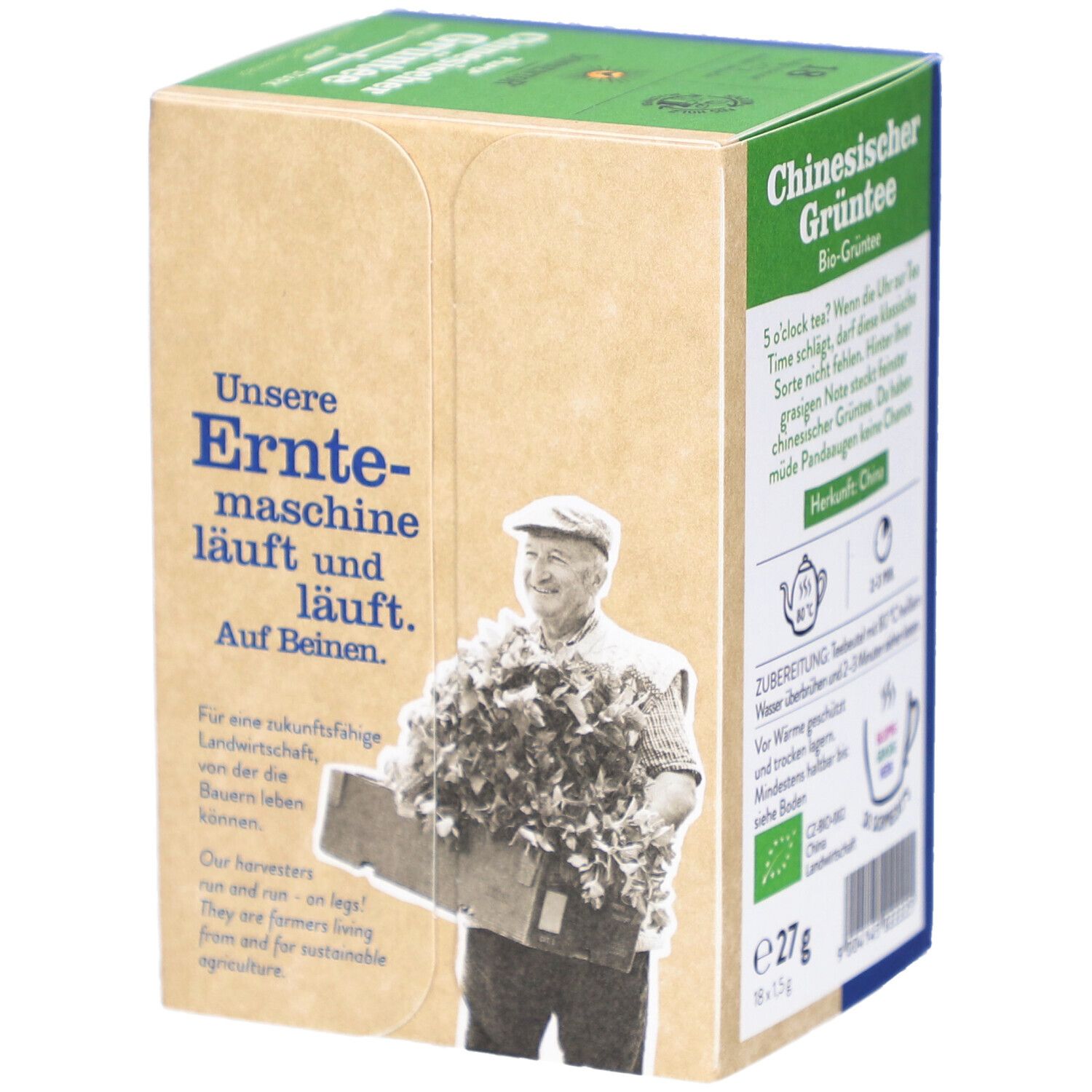 Boîte de thé vert chinois SONNENTOR. Côté avec texte et illustrations. Vert, bleu et marron.