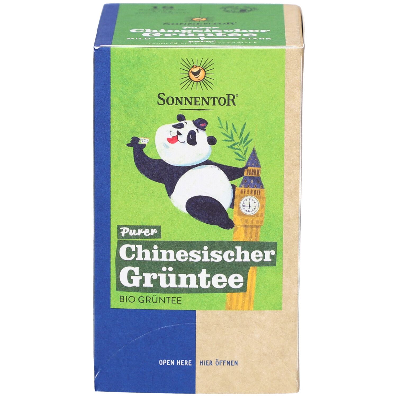 Boîte de thé vert chinois SONNENTOR. Panda, Big Ben et texte sur le devant. Vert, bleu et marron.