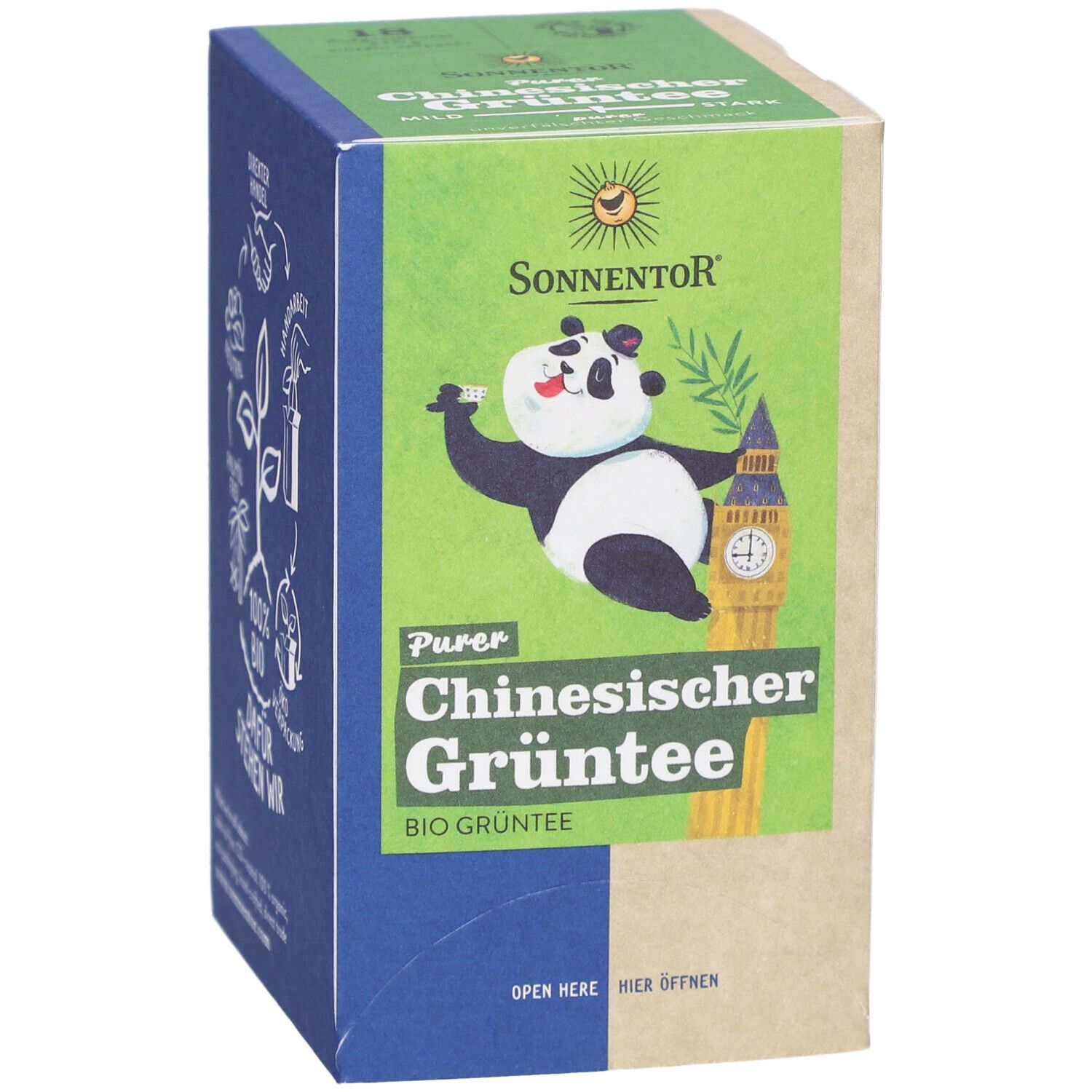 Boîte de thé vert chinois SONNENTOR. Panda, Big Ben et texte sur le devant. Vert, bleu et marron.