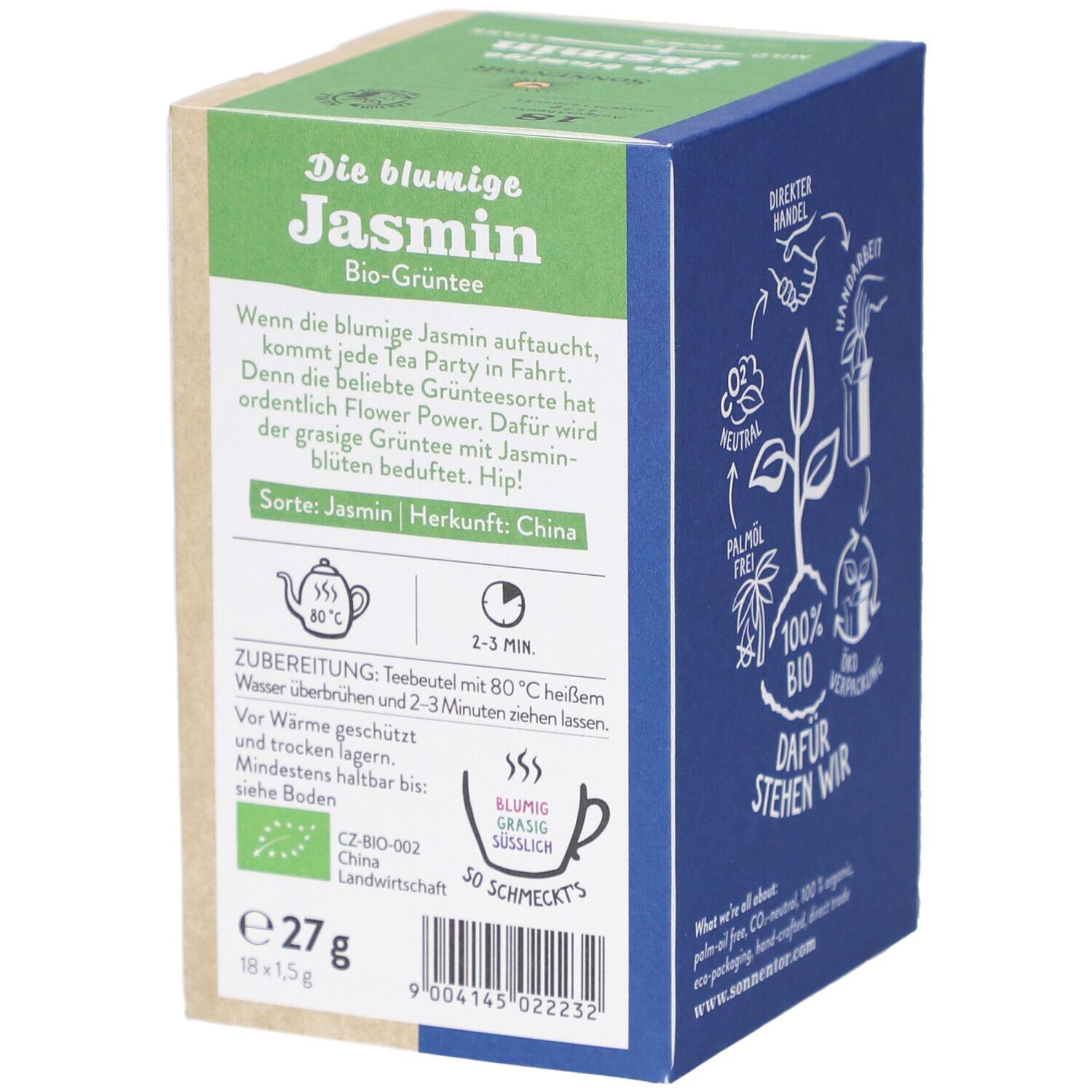 Karton mit Produktinformationen. Aufdruck: "Die blumige Jasmin BIO-Grüntee". Angaben zu Zubereitung und Inhaltsstoffen. Bio-Siegel.