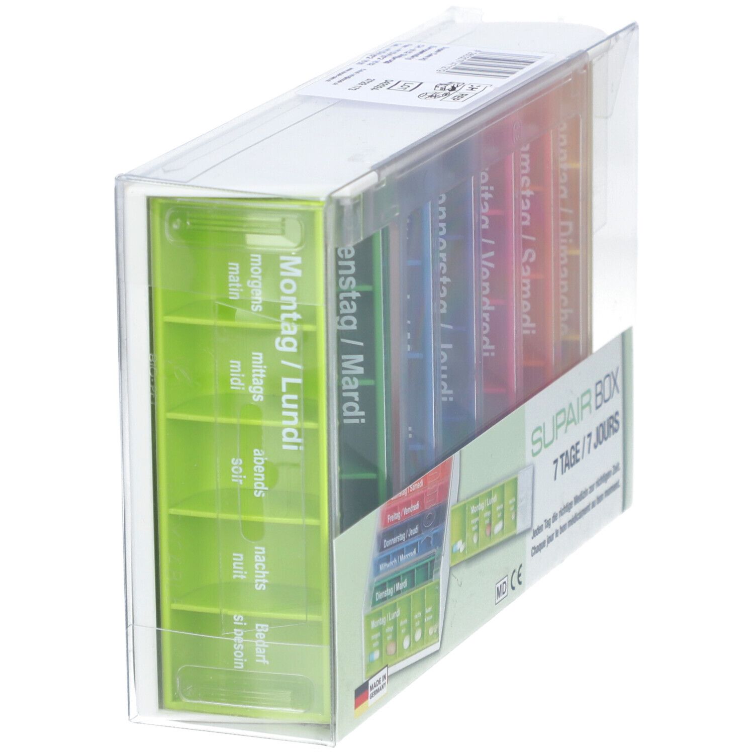 SUPAIRBOX Semainier Rainbow. Tablettenspender mit farbigen Fächern. Einzelnes Fach mit Wochentag- und Tageszeitbeschriftung. In Kunststoff verpackt.