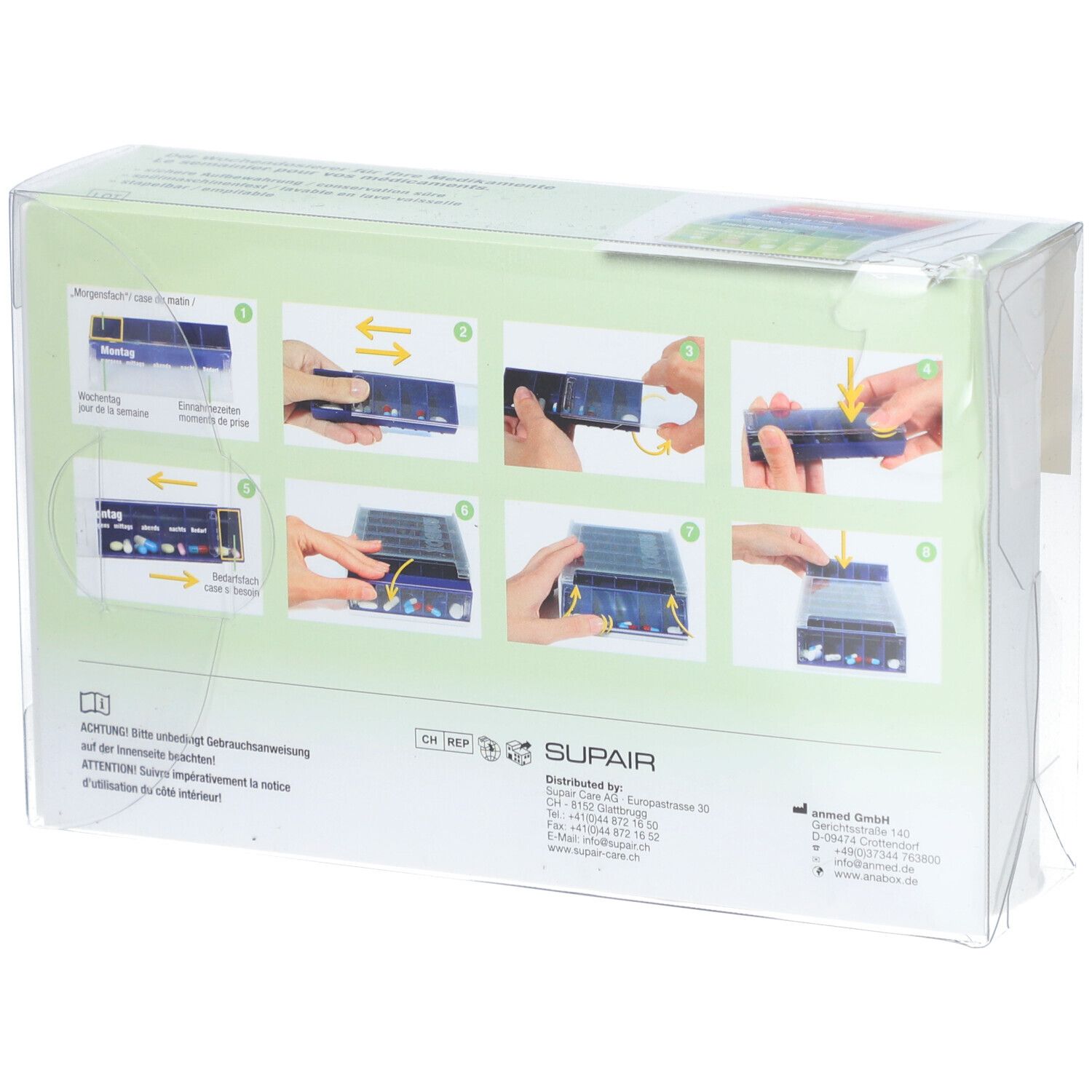 Rückseite der Verpackung. Anleitung in Bildern zur Anwendung der SUPAIRBOX. Mit deutscher und französischer Beschriftung.