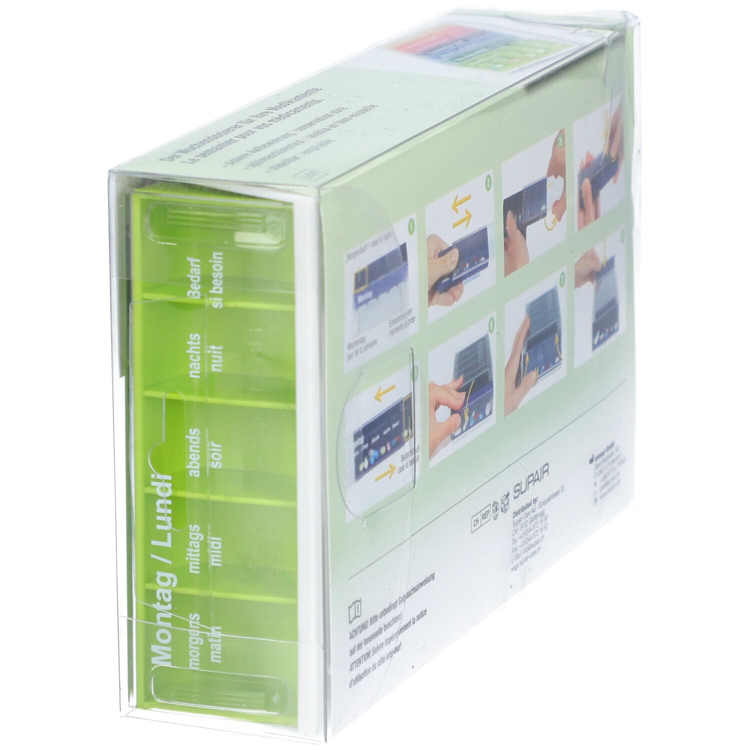 SUPAIRBOX Semainier Rainbow. Tablettenspender mit farbigen Fächern. Einzelnes Fach mit Wochentag- und Tageszeitbeschriftung. In Kunststoff verpackt.