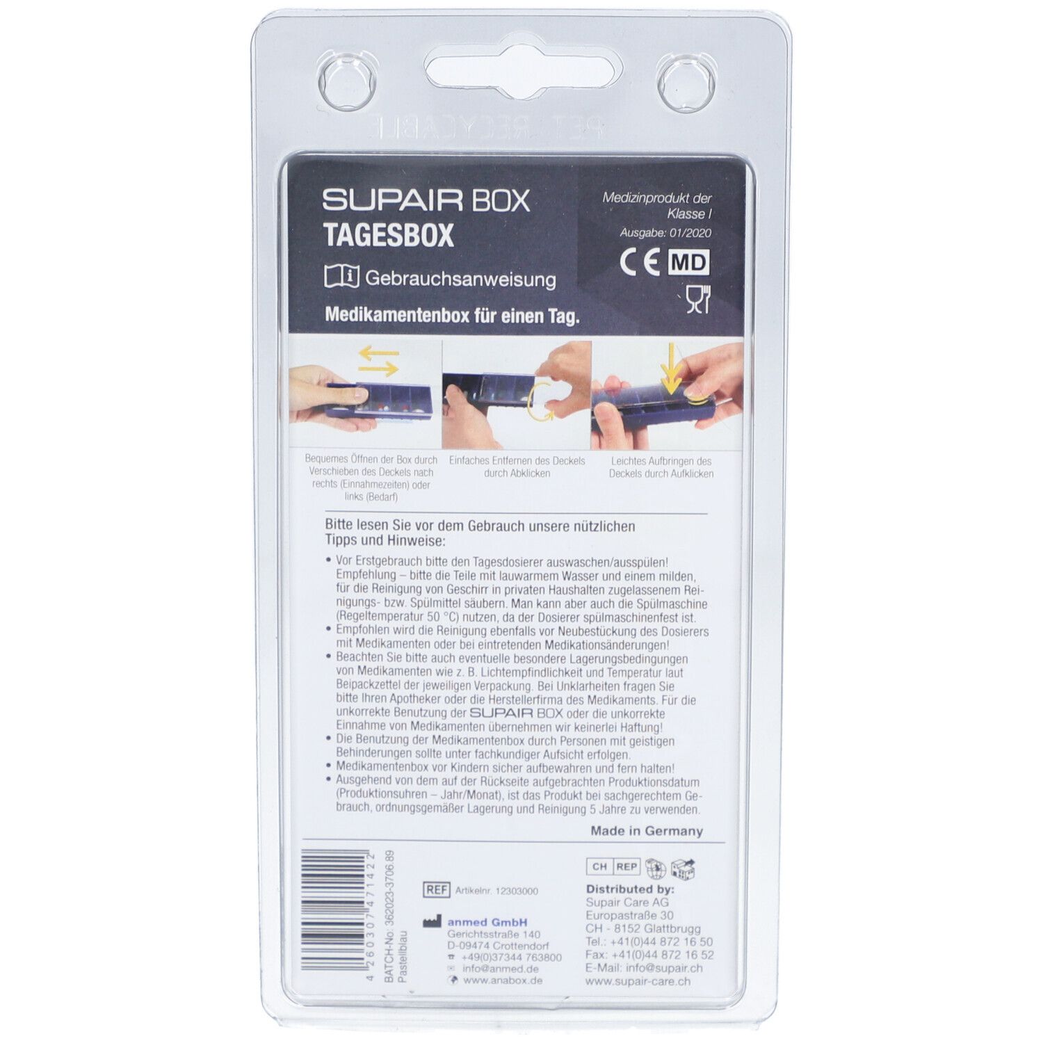 Dos de l'emballage blister du pilulier journalier SUPAIR BOX. Texte : mode d'emploi, marquage CE, dispositif médical.