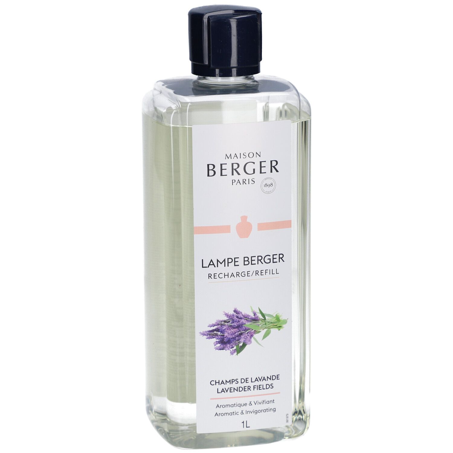 Flacon transparent, bouchon noir. Étiquette avec logo et nom du produit. Illustration de lavande.