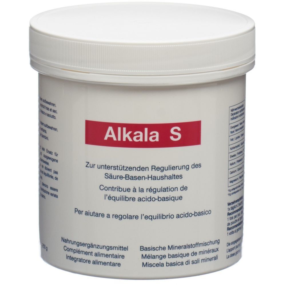 Alkala S Dose mit Pulver zur Säure-Basen-Regulierung. Enthält Mineralstoffe.