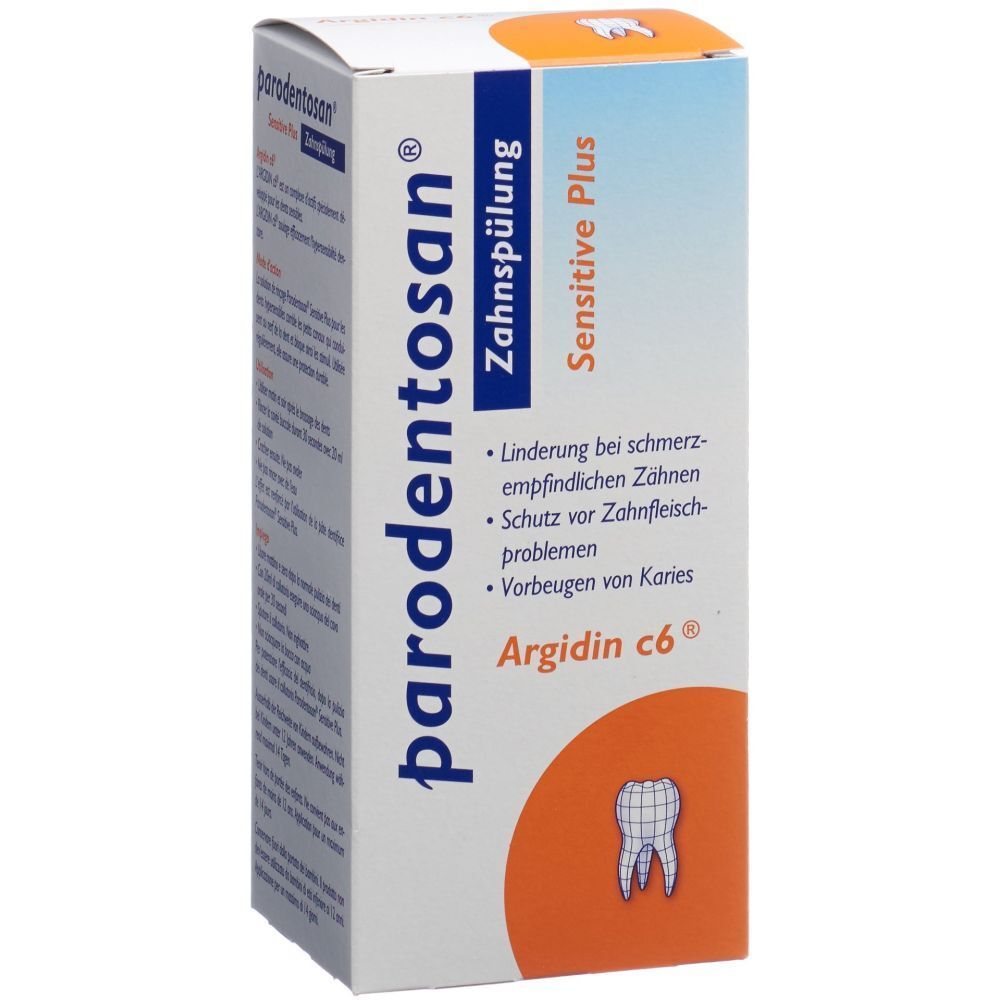 parodentosan® Zahnspülung Sensitive Plus. Weiße Schachtel mit Produktinformationen und Zahn-Symbol.