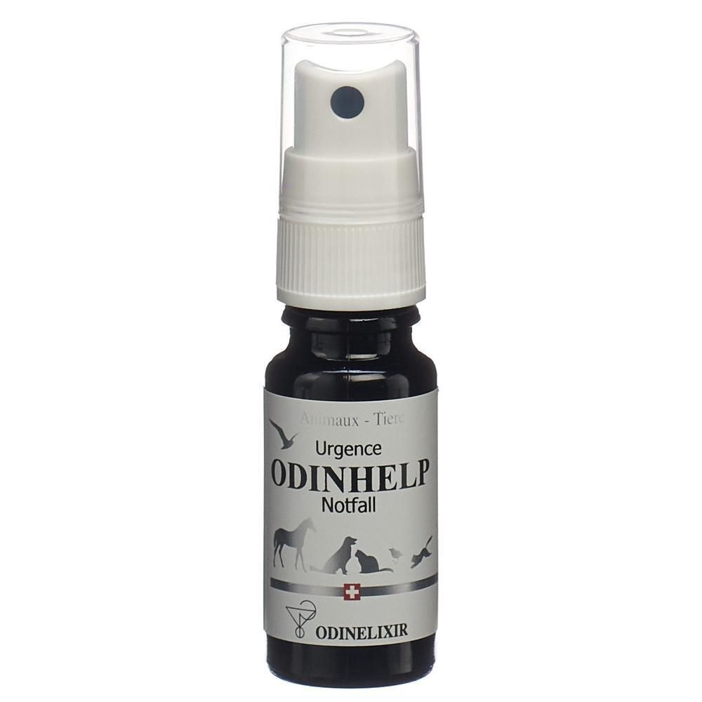 Dunkle Sprühflasche mit weißem Etikett und Aufdruck 'ODINHELP Notfall'. Zeigt Tierabbildungen und ein Schweizer Kreuz.