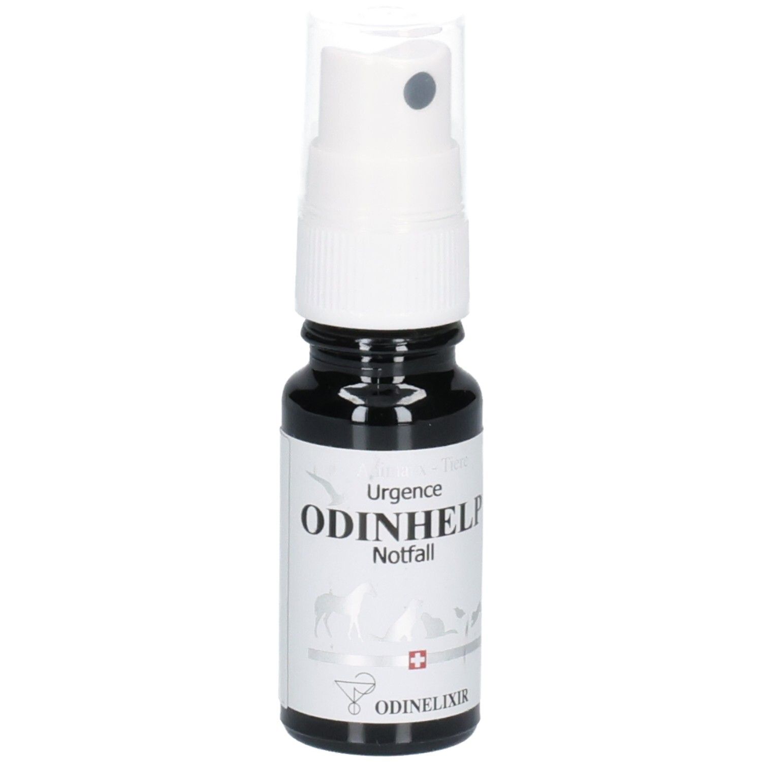 Dunkle Sprühflasche mit weißem Etikett und Aufdruck 'ODINHELP Notfall'. Zeigt Tierabbildungen und ein Schweizer Kreuz.