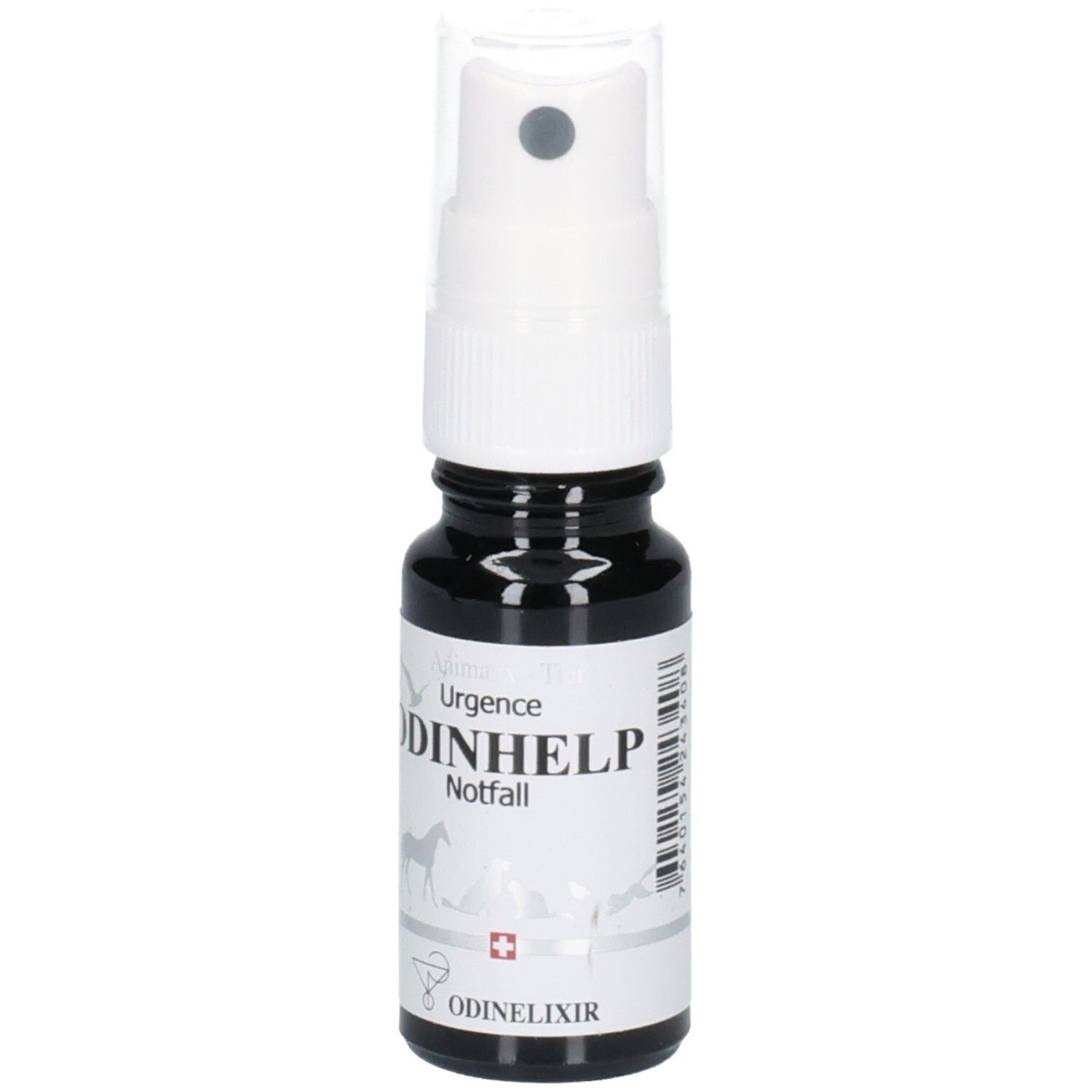 Dunkle Sprühflasche mit weißem Etikett und Aufdruck 'ODINHELP Notfall'. Zeigt Tierabbildungen und ein Schweizer Kreuz.