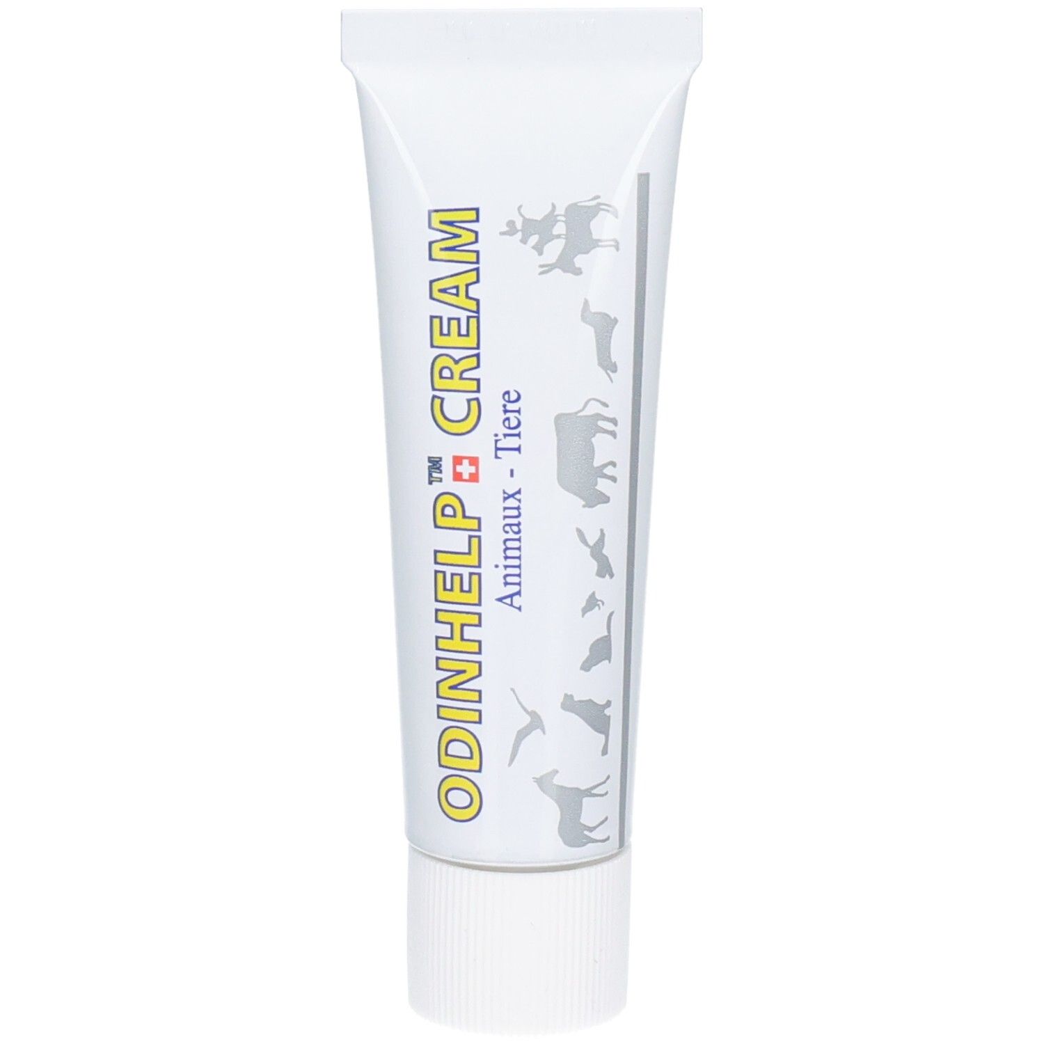 ODINHELP CREAM Tube mit Tierabbildungen und Bachblüten-Symbol.